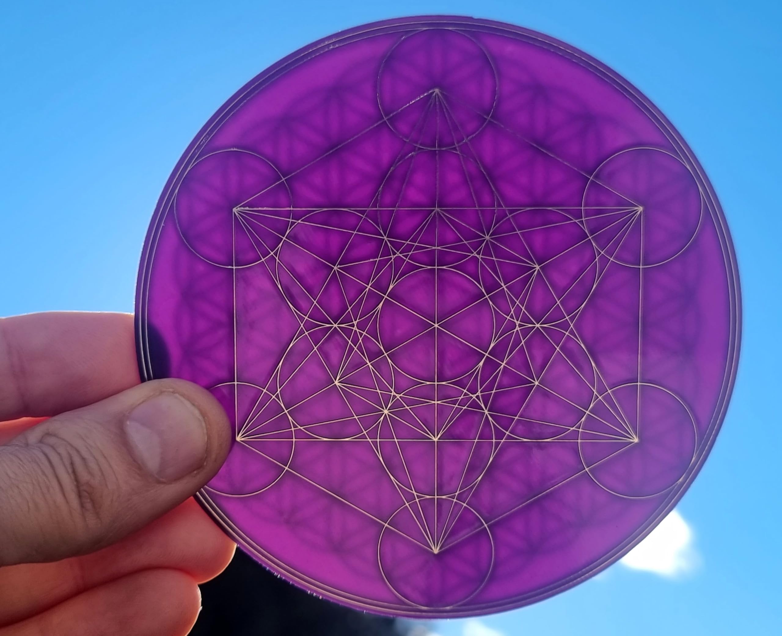 Disque Cube de Metatron et fleur de vie - Disque 10 cm protection et dynamisation à 2 faces cuivre plaqué or, émetteur passif d'ondes scalaires - Disque héliquantix