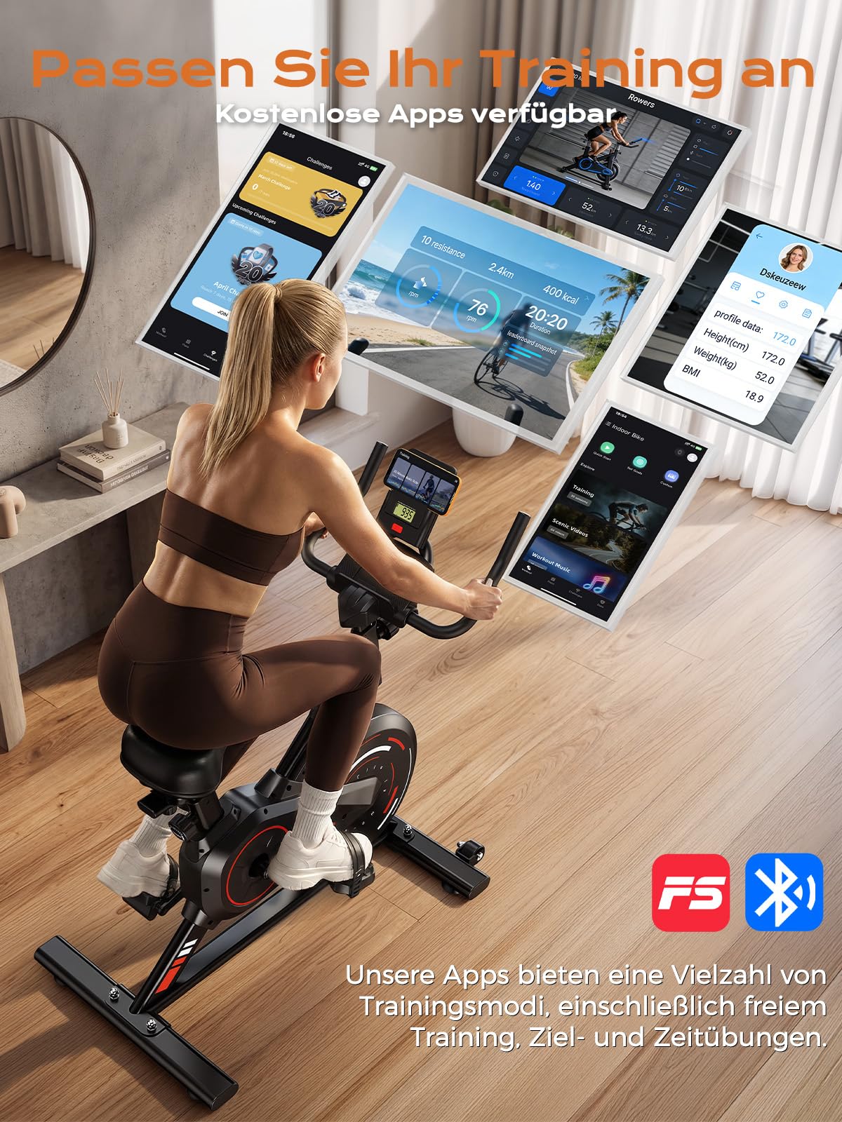 Dskeuzeew Heimtrainer Fahrrad mit APP, 0-100% Widerstand & Herzfrequenz-Messung, Leises Hometrainer Fahrrad mit LCD-Monitor, Fitnessbike mit Tablet-Halter, Indoor Bike für Cardio-Training, Bis 160KG