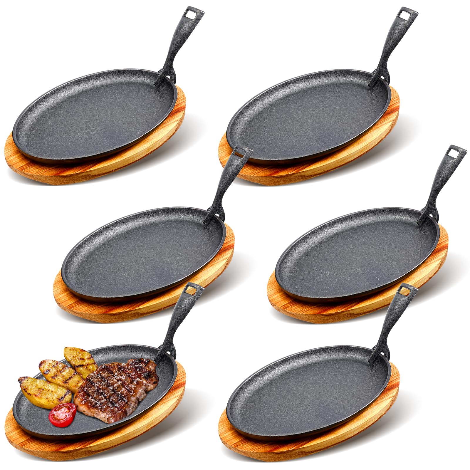FoldTier 6 Sets Cast Iron Fajita Skillet 10.63"x6.89" with Wooden Base