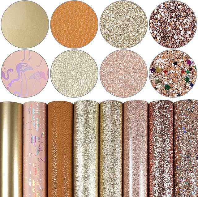 8 Pieces/Set 8x12 Inch (21cmx30cm) Faux Leather Sheets Mixed Champagne Gold Series Fine Chunky Glitter Patent Metallic Litchi Flamingo Pattern Leather Fabric for Bows Earrings Making Craft