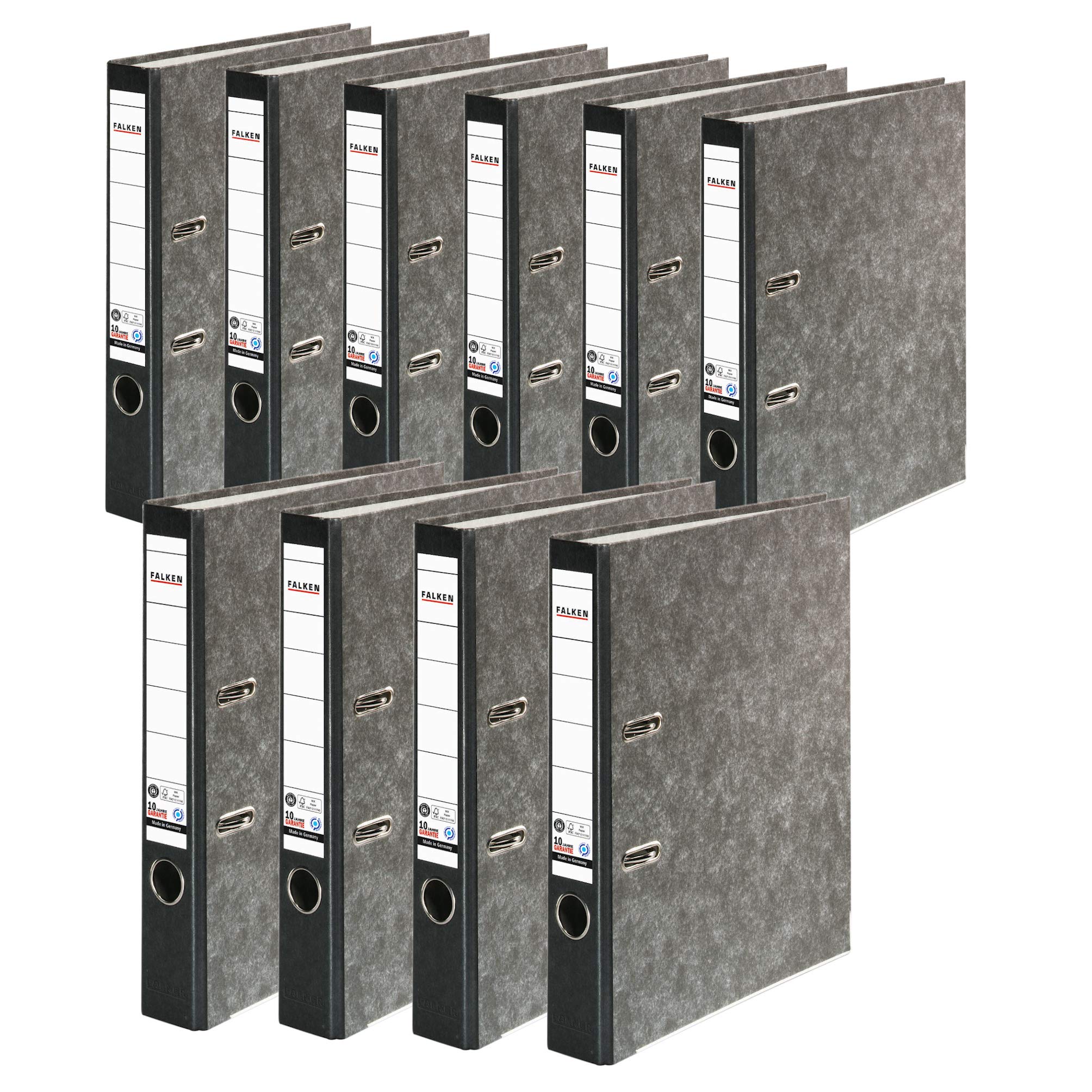 Original Falken 10er Pack Recycling-Ordner Wolkenmarmor 5 cm schmal DIN A4 schwarzer Rücken und Falken Einhakhefter halber Vorderdeckel kfm. Heftung blau 50er Pack