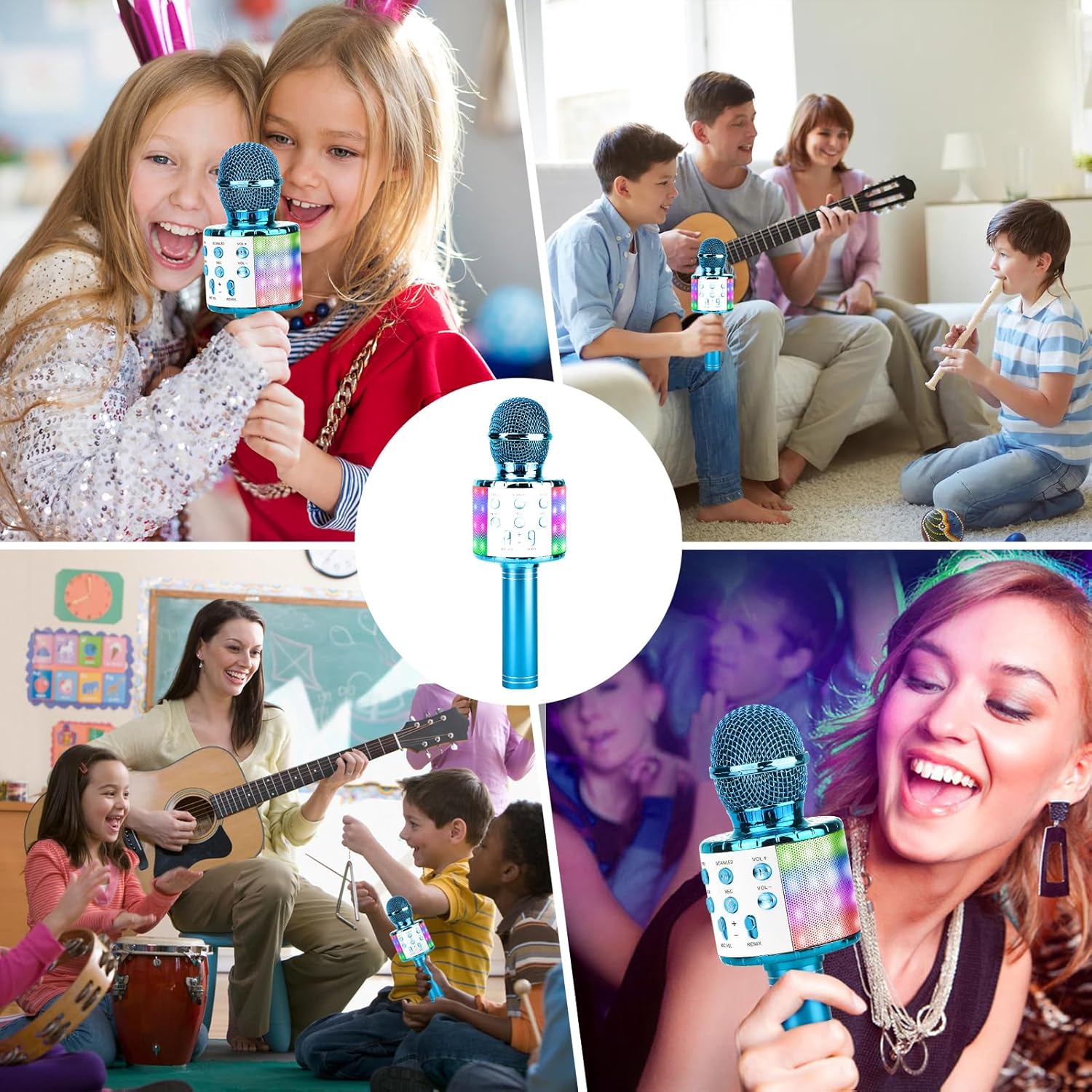 ShinePick Karaoke Microphone, 4 in 1 Wireless Microphone with LED Lights Handheld Portable Karaoke Machine, Home KTV Player, Compatible with Android & iOS Devices(Blue)