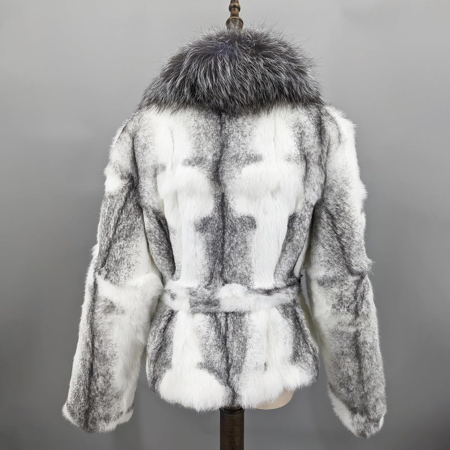 LVCOMEFF Natural Rabbit Fur Coat with Genuine Fox Fur Collar with Belt Jacket Furry Fluffy