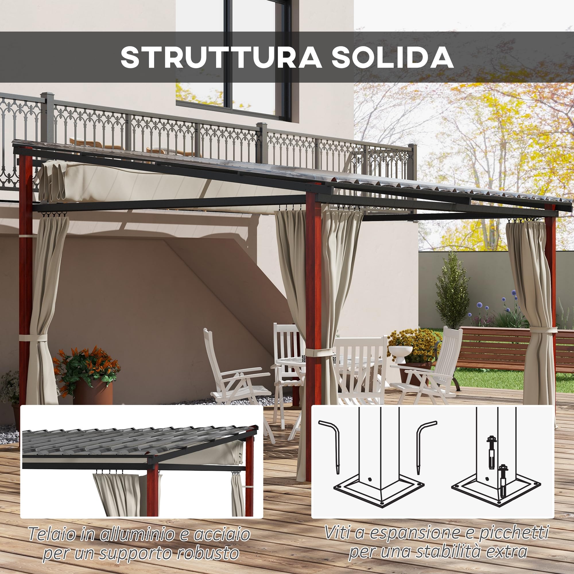 Pergola con Tende Laterali e Tetto Retrattile in PC in Alluminio e Metallo 345x300x215-255 cm Colore Crema