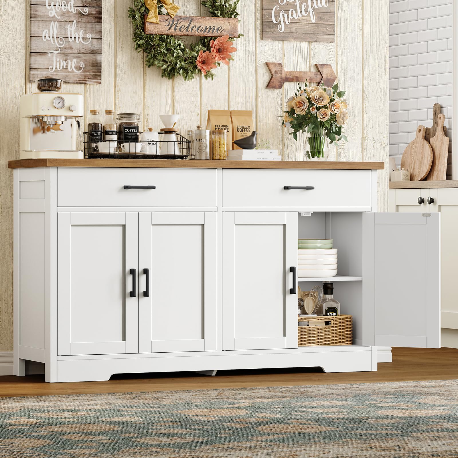 TEENFON 120 cm (B) Sideboard, 80 cm (H) Küchenschrank mit Arbeitsplatte, Buffetschrank mit 2 Schubladen & Verstellbaren Regalen, Küchenzeile für Küche, Wohnzimmer & Flur - 120 x 30 x 80 cm - Weiß
