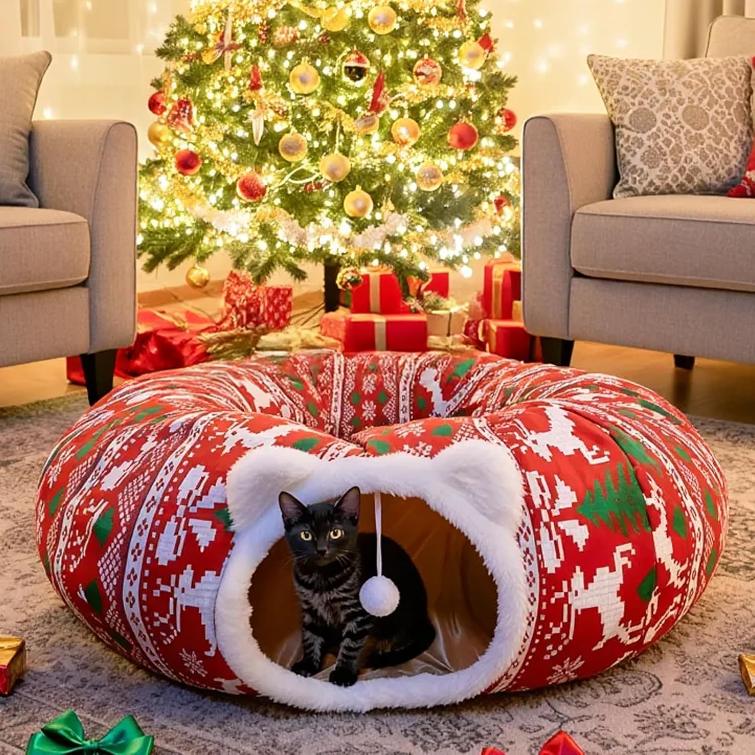 Cat Tunnel Christmas Tree Skirt, Ugly Sweater Cat Tunnel Bed with Hanging Pom-Pom Ball, Two-Entry Peekaboo Christmas Cats Tunnels Donut for Small Medium Kitten Puppy Rabbit Ferret Xmas Decor