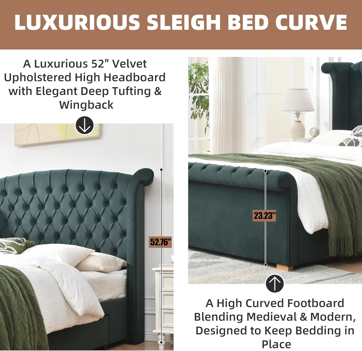 Queen Size Sleigh Bed Frame with Storage, Platform Bed Frame with Headboard & Footboard, Velvet Upholstered Bed with Deep Button Tufted, Noise-Free, No Box Spring Needed, Easy Assembly, Green