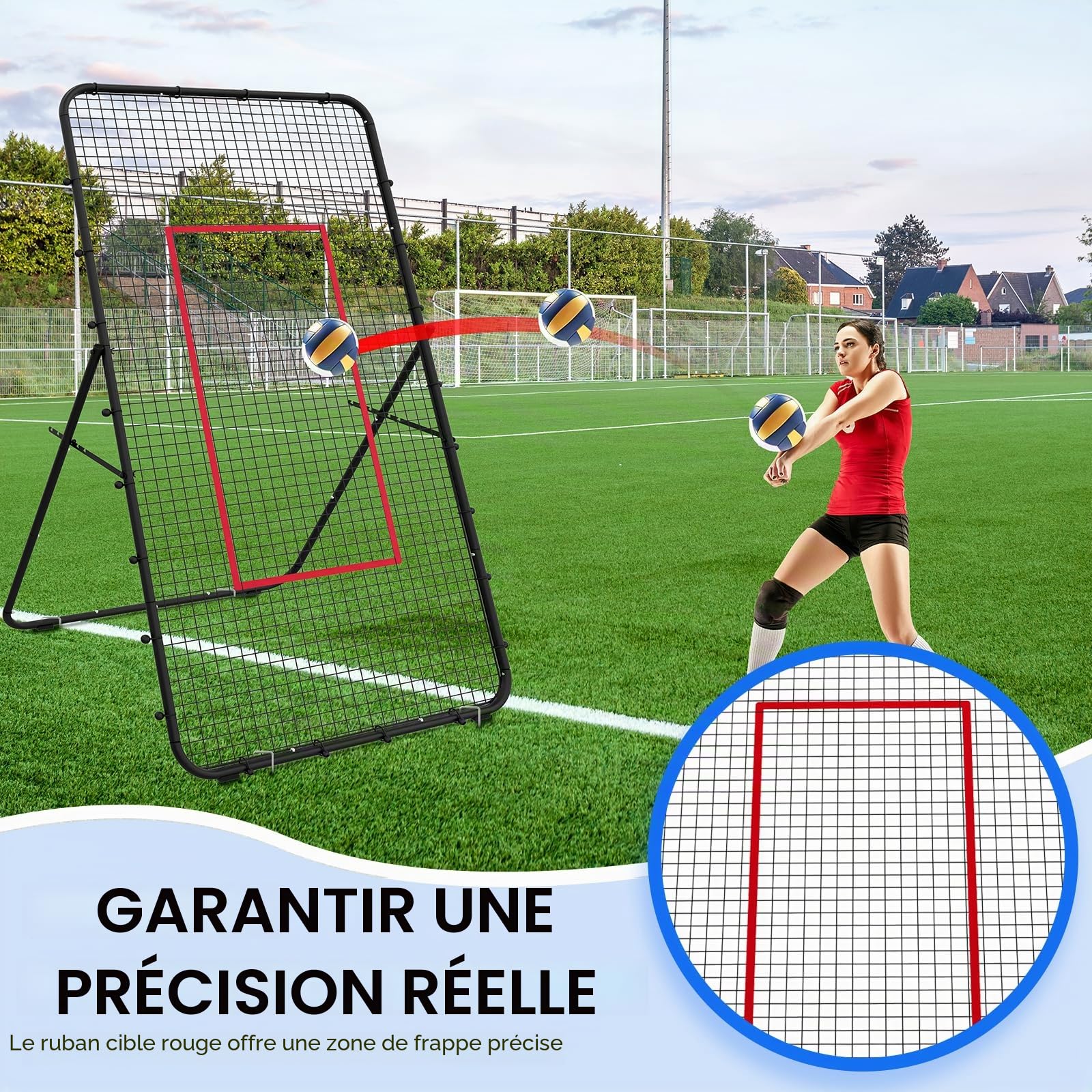 Filet de rebond de volleyball, réglable et portable de 2,1 x 1,2 m, équipement d'entraînement de football, cible de rebond de but de football pour enfants et adultes, filet pour entraînement de jeu et