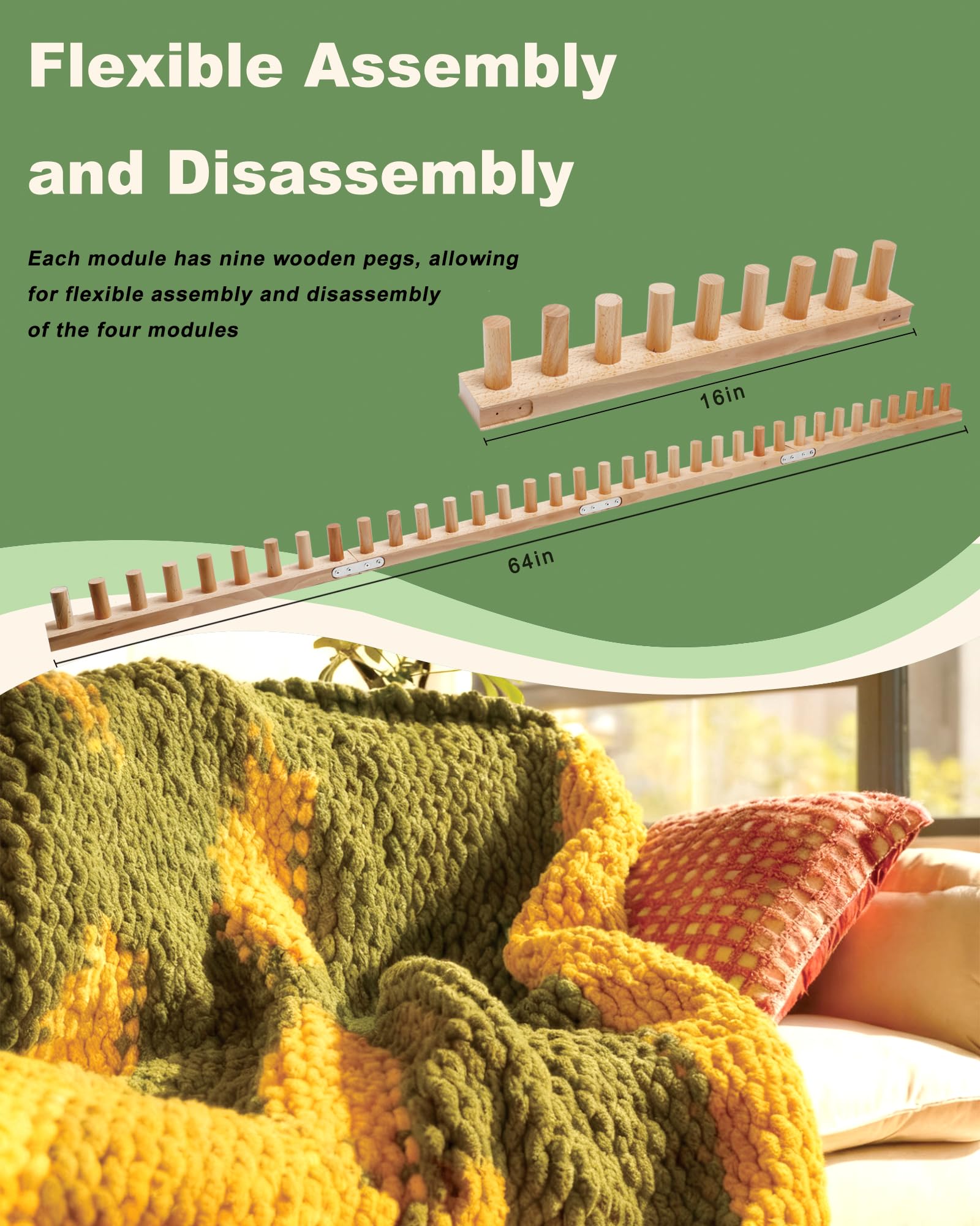 Loveinlast 162,6 cm grobes Strickgarn-Decken-Webstuhl-Set, grobe Decke, Holzwebstuhl für Anfänger, anschließbar und zerlegbar, 4-in-1-Grobgarn-Strickwebstuhl