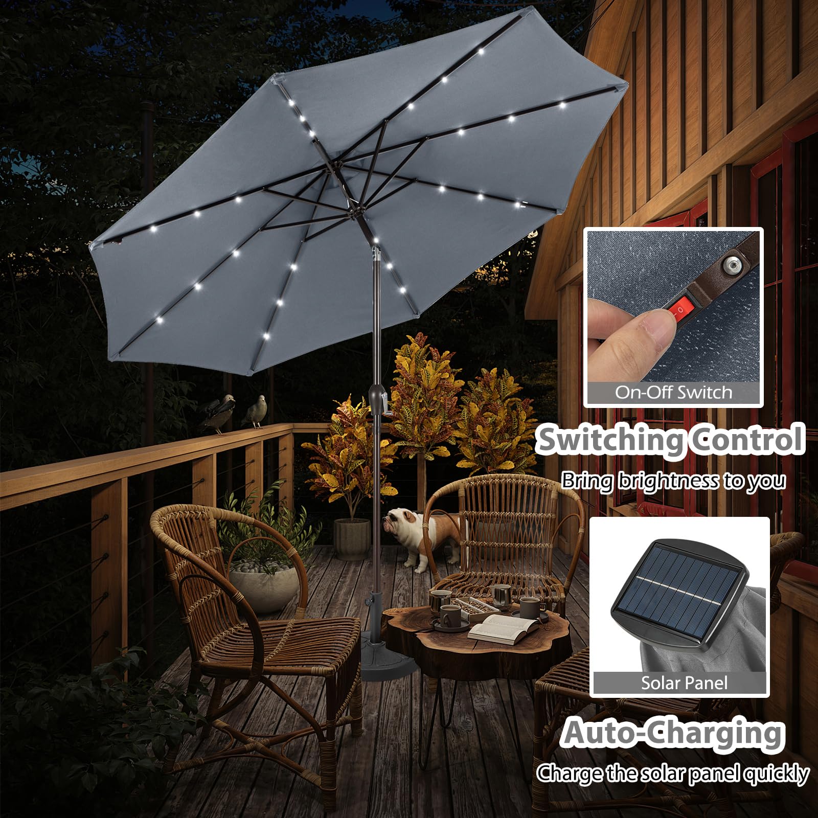 KOMFOTTEU Ombrellone da Giardino 3m, con Luci LED e Manovella, Ombrellone da Balcone Inclinabile Protezione UV, Ombrellone Parasole da Cortile con 8 Osse, per Terrazza, Spiaggia, Piscina