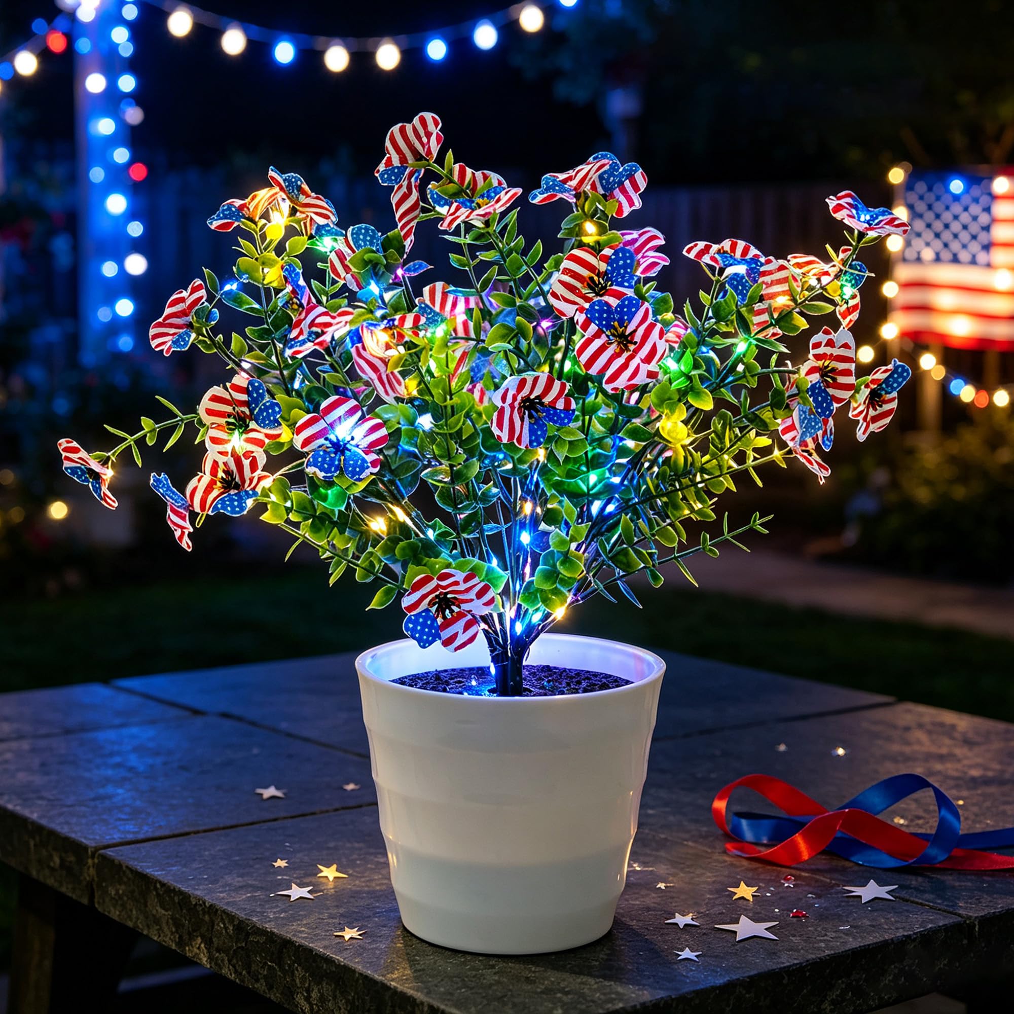 Patriotic LED Artificial Flowers, 4th of July LED Flower Light, Red White Blue Patriotic Home Decor
