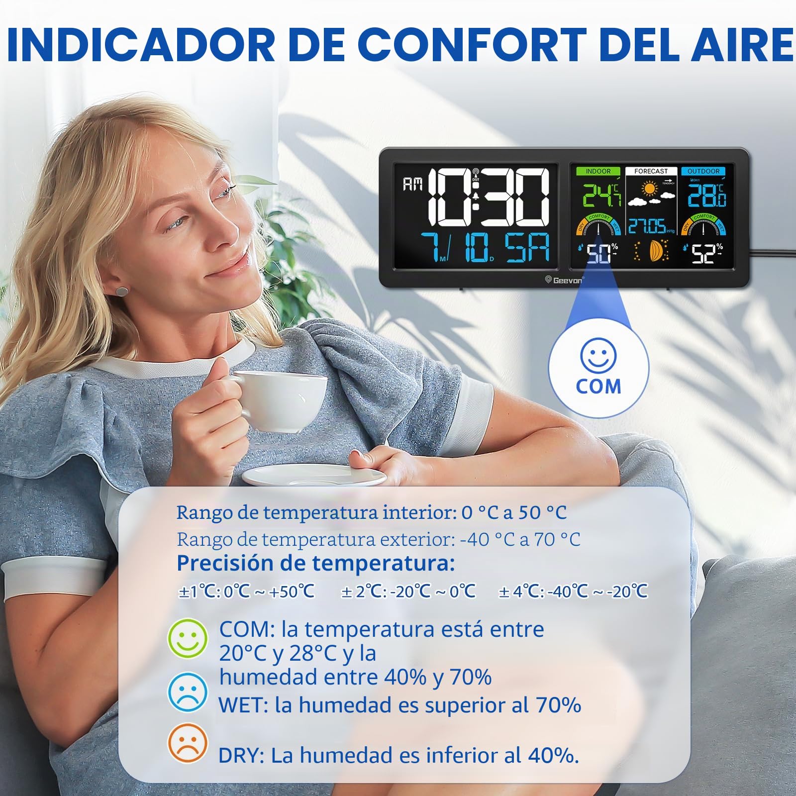 Geevon DCF 246258 - Estación meteorológica inalámbrica con sensor exterior, temperatura interior y exterior, con previsión meteorológica, termómetro digital e higrómetro (246258 con batería)