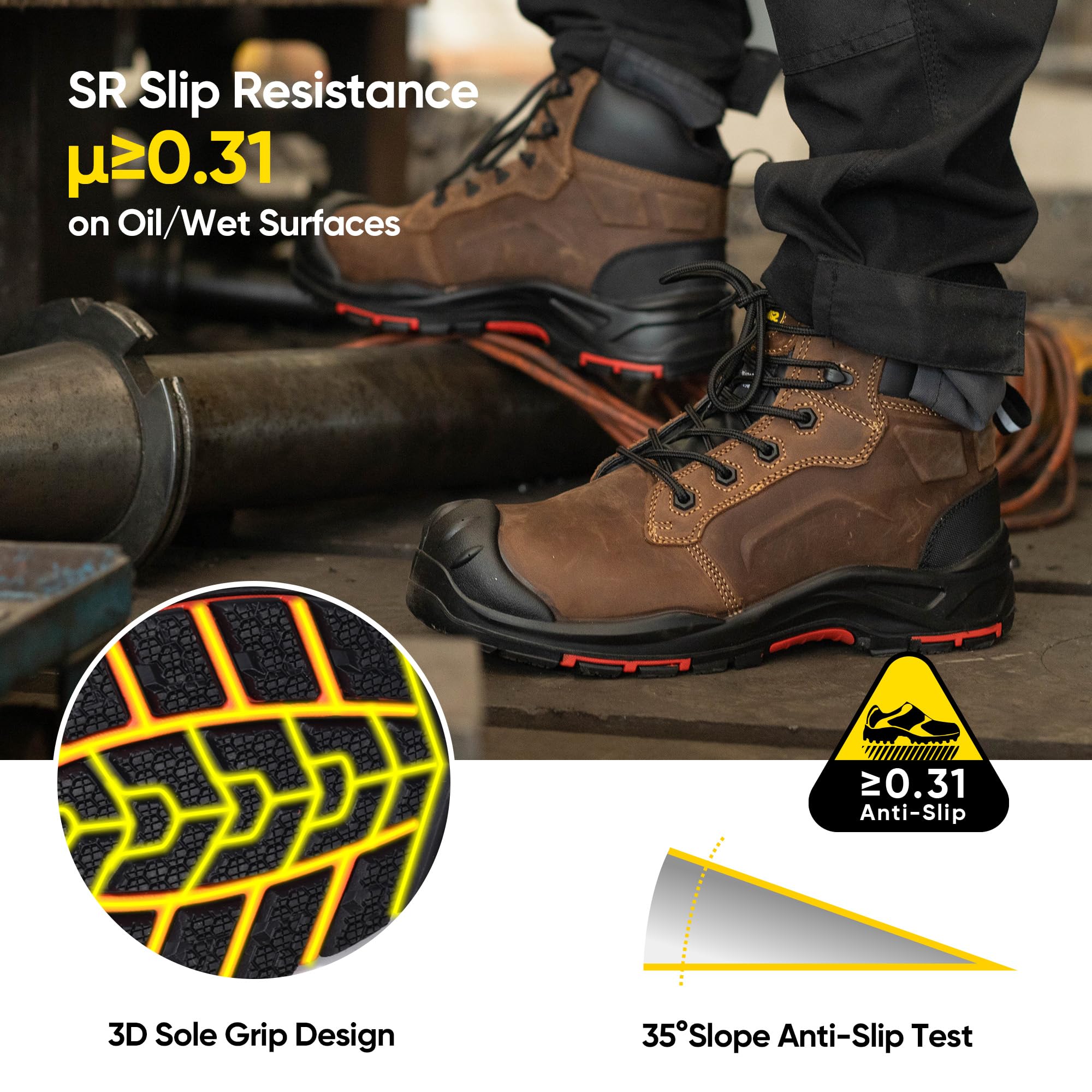 SAFETOE Sicherheitsstiefel M-8552 Herren Wide Fit Composite Toe Arbeitsstiefel ESD antistatisch wasserbeständiges Rindsleder Heavy Duty Anti-Nagel Composite Platte Anti-Rutsch Pu Gummisohle S3 SRC