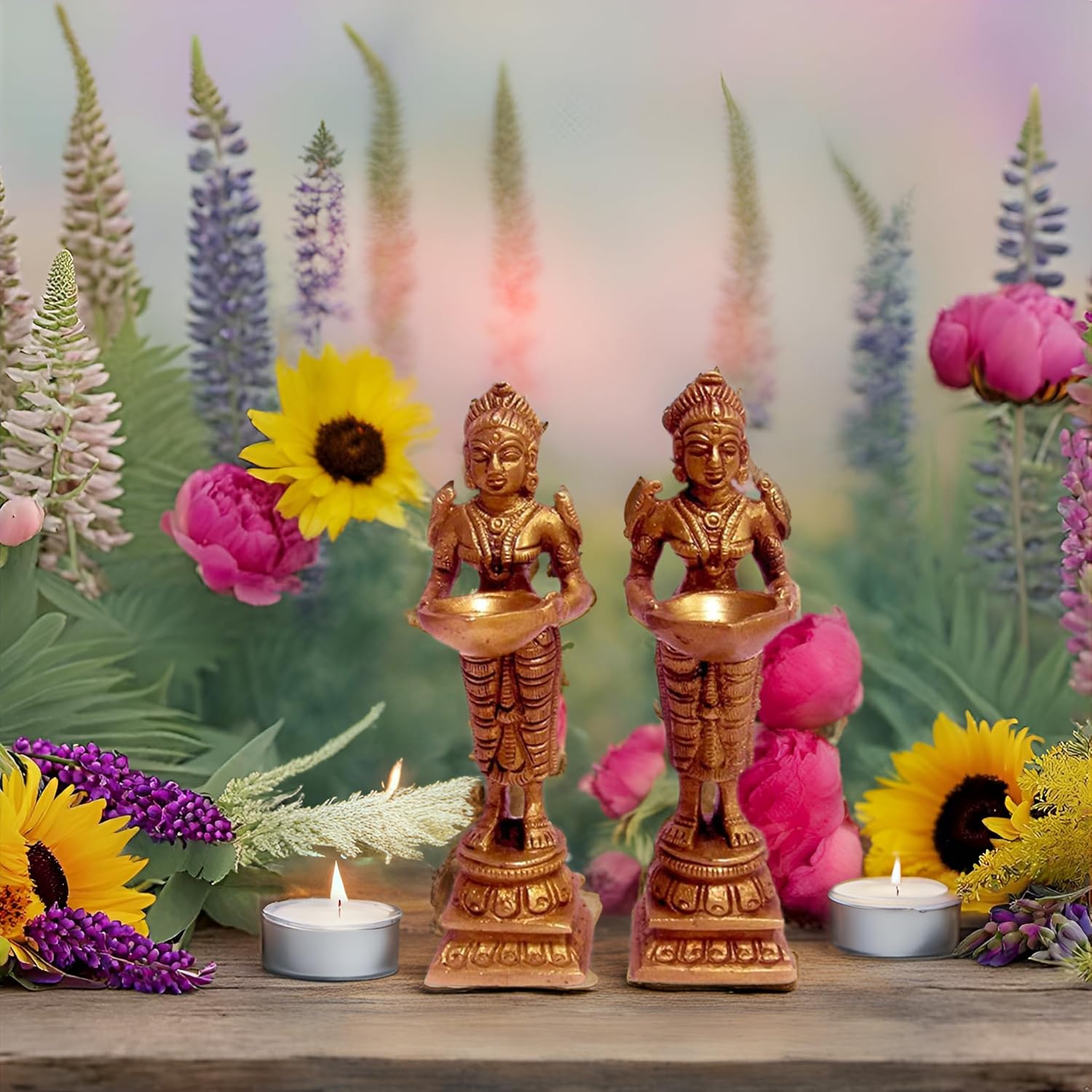 PARIJAT HANDICRAFT Home and Kitchen Decors a Pair of Brass Standing deeplaxmi showpiece for Pooja aarti Decor