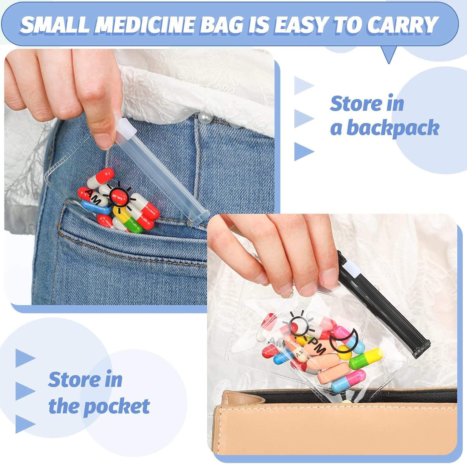 56 Pcs AM PM Pill Pouches Bags Travel Pill Bags Zippered Medicine Organizer Day and Night Pill Bag Reusable Plastic Pill Baggies with Slide Lock Monthly Pill Organizer 2 Times a Day (Clear, Black)