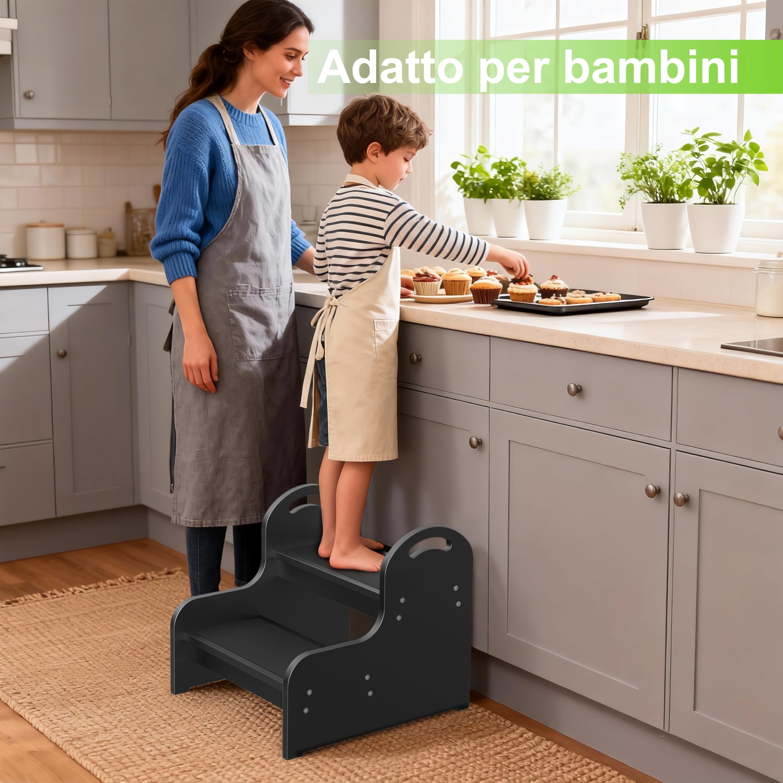 Sgabello in legno a 2 gradini per bambini con superficie antiscivolo, Heavy Duty 2-Step Scala, bambino passino sgabello per bagno lavandino/WC/cucina/letto (nero T)