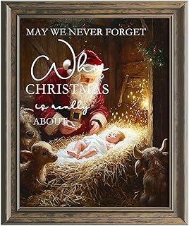 vandlife Santa Claus Portrait Wall Art True Meaning of Christmas Oil Painting with Santa Guarding Baby Jesus May We Never Forget Inspirational Quote Canvas Print for Home Decor 12x16 Inch(Unframed)