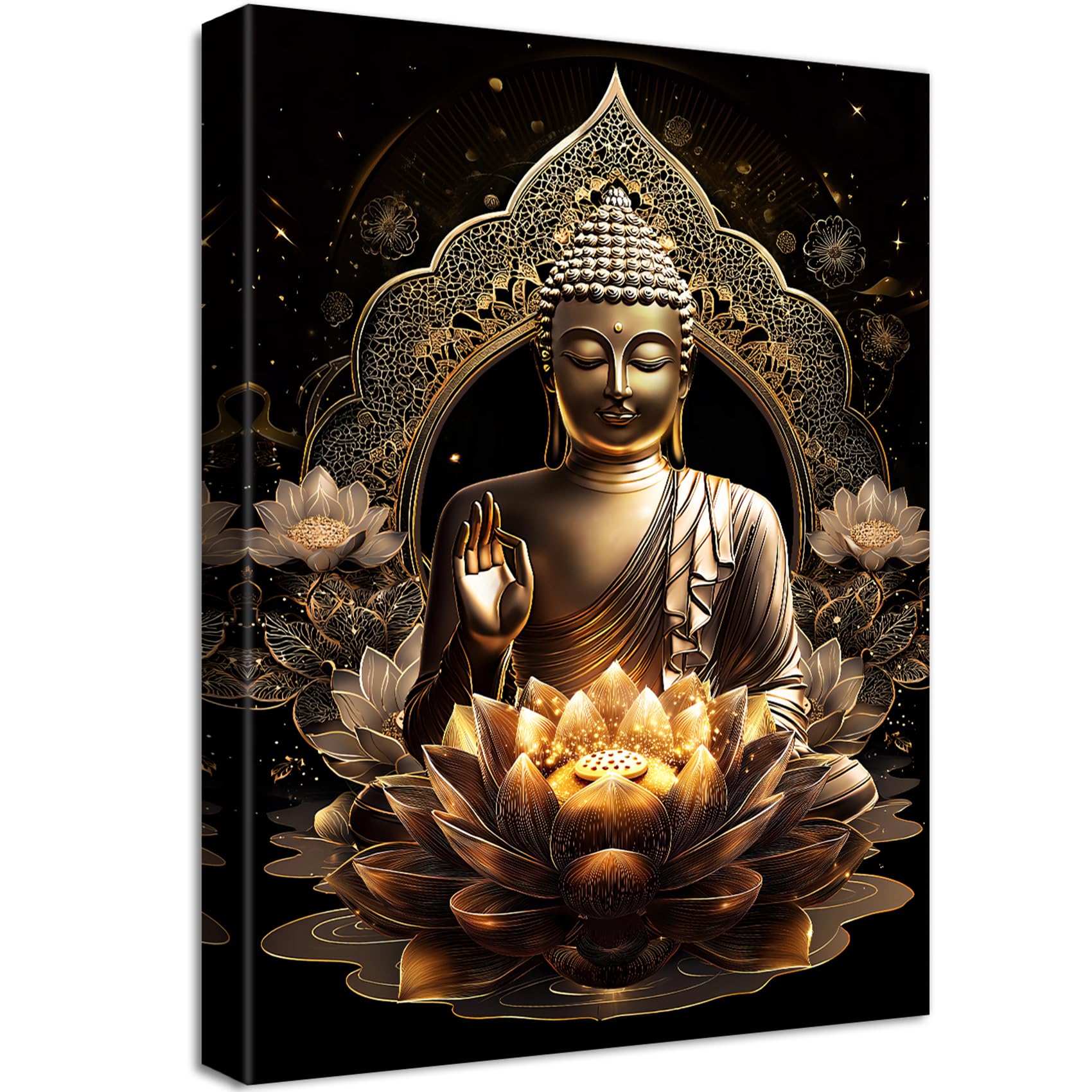 Wooden Framed Canvas Wall Art Bronze Buddha Statue Lotus Flowers Painting on Canvas Prints Poster Zen Spa Buddhism Prayer Pictures for Living Room Bedroom Home Hallway Corridor Wall Decor 30x40cm