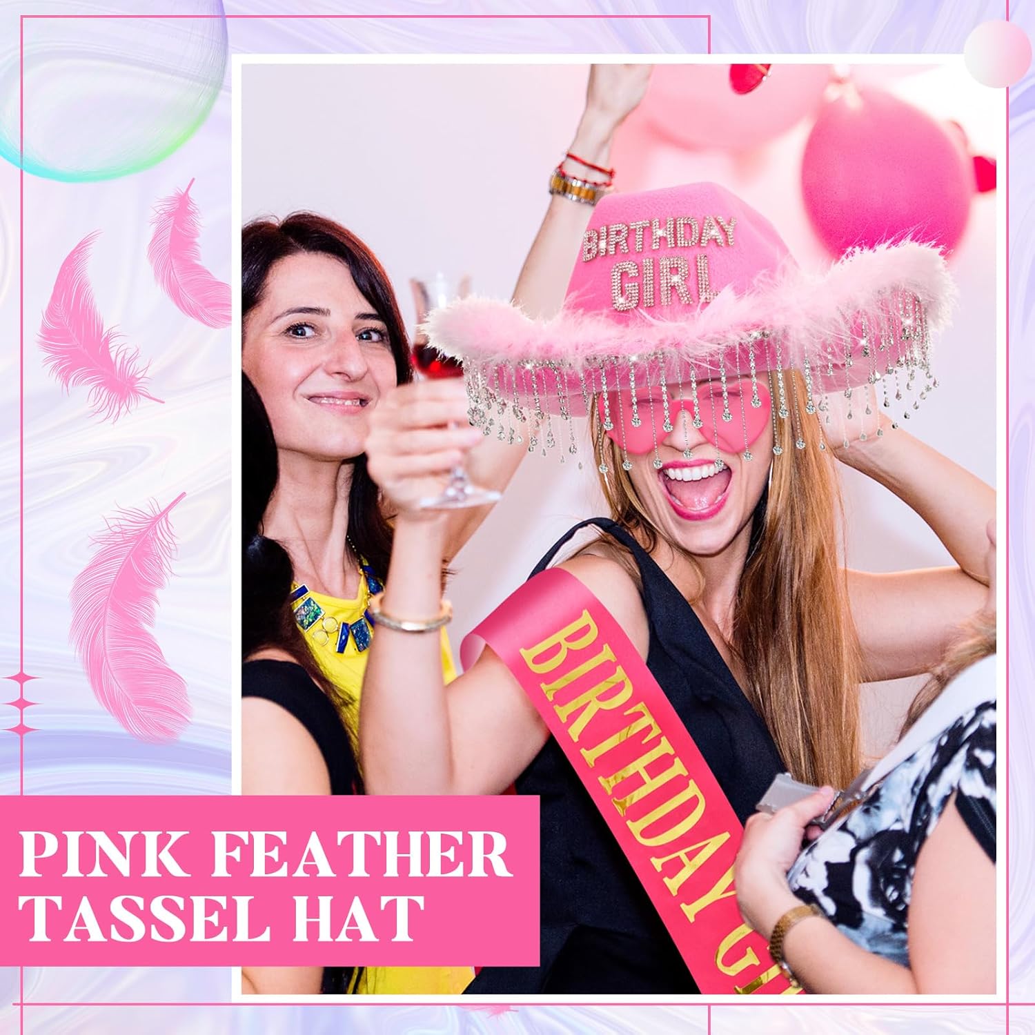 Hercicy 3 Sets Cowgirl Hat Birthday Gifts for Women LED Rhinestone Pink Birthday Hats Sash Heart Shaped Sunglasses for Party