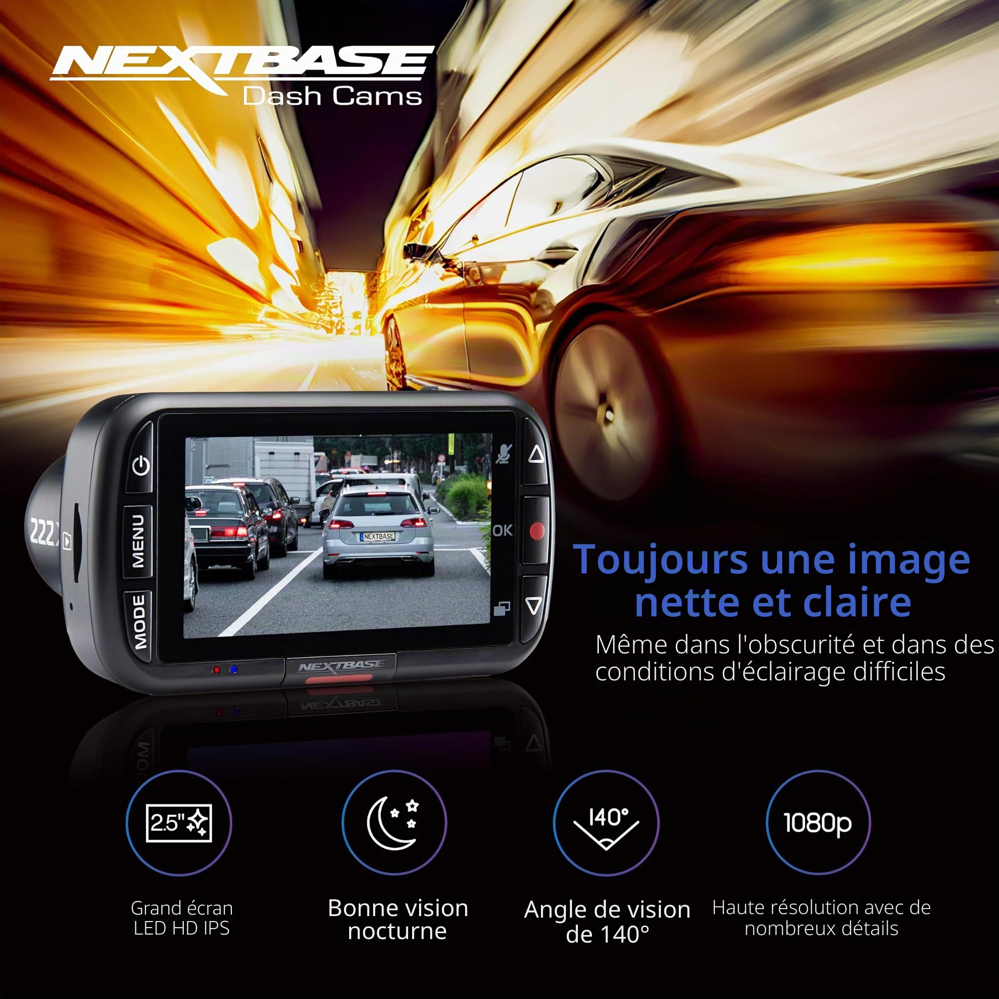Nextbase Caméra embarquée 222XR avant et arrière avec caméra de pare-brise arrière et carte SD 32 Go | Full HD 1080p 30 fps avec mode stationnement 24/7 et support Click&Go