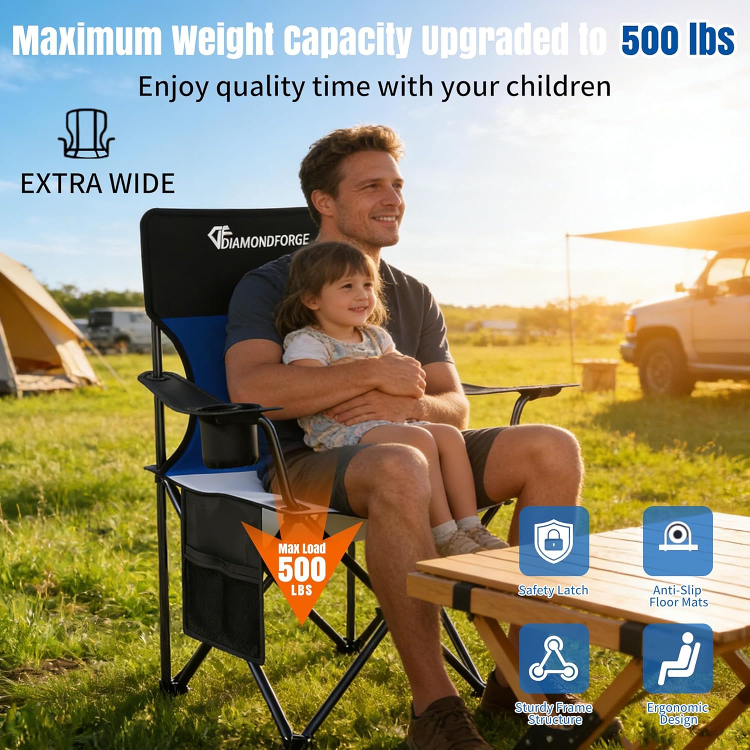 Oversized Folding Camping Chair, 500lbs Bearing Capacity Portable Lawn Camping Chair for Adult, Outdoor Camping Chair with Wider Cup Holder and Side Pocket for Hiking Fishing Sports - Image 3
