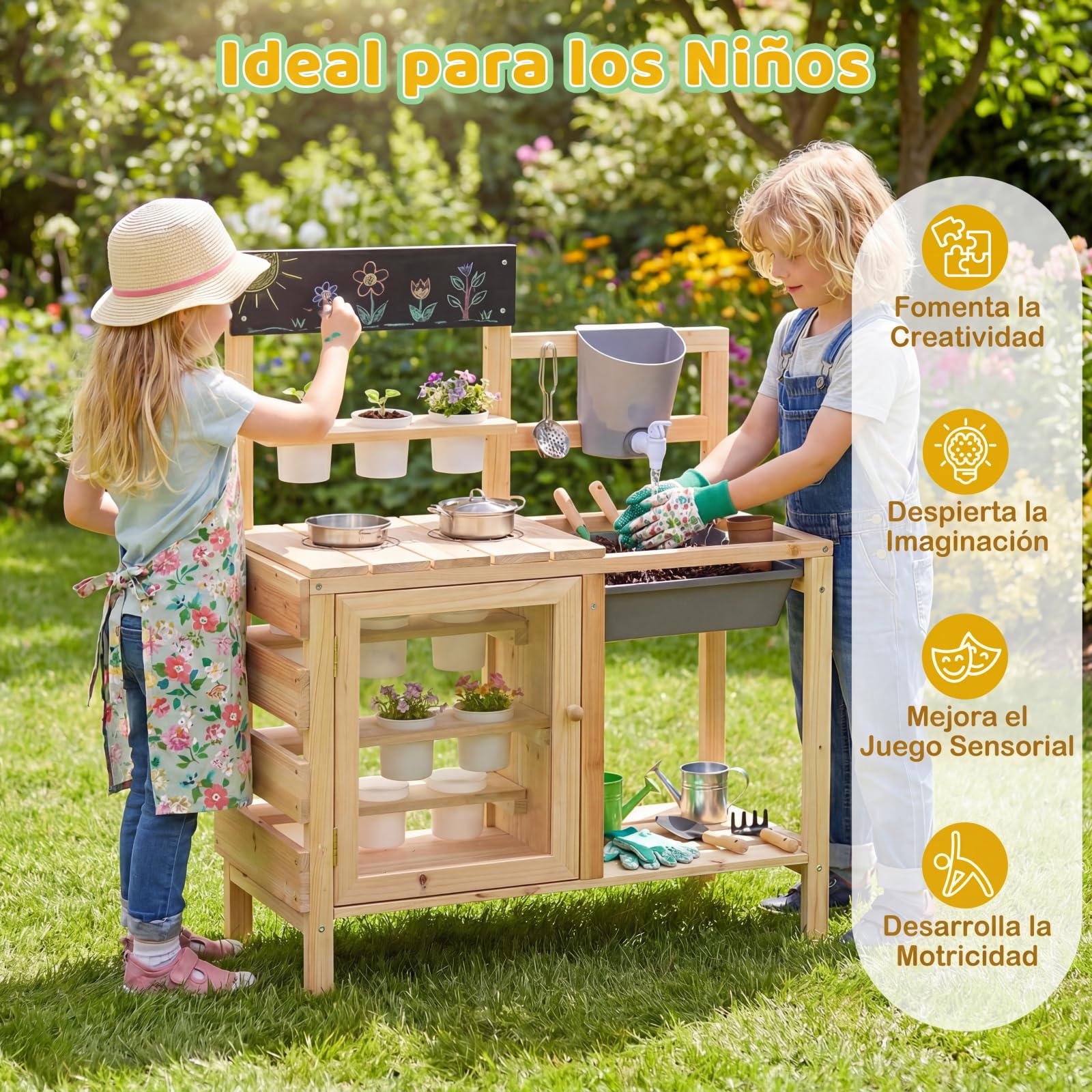 COSTWAY Cocina de Juguete Exterior, Cocinita de Madera Infantil con Fogones, Fregadero, Depósito de Agua, Macetas y Pizarra, Juego de rol de Juguete de Exterior para Niños de 3+ Años