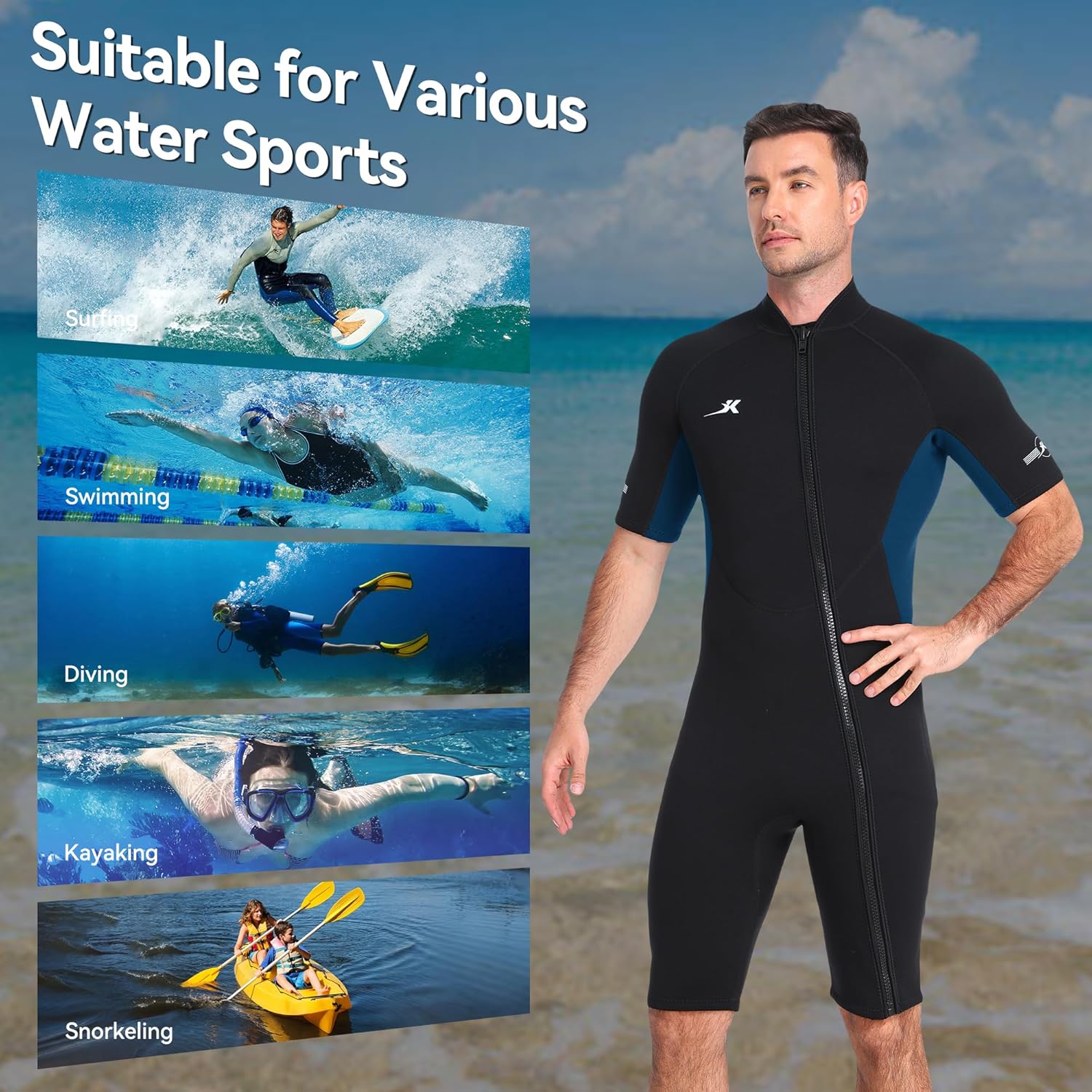 2mm Neoprene Shorty Wetsuit Mens with Front Zip, Diving Suits for Diving Snorkeling Surfing Swimming