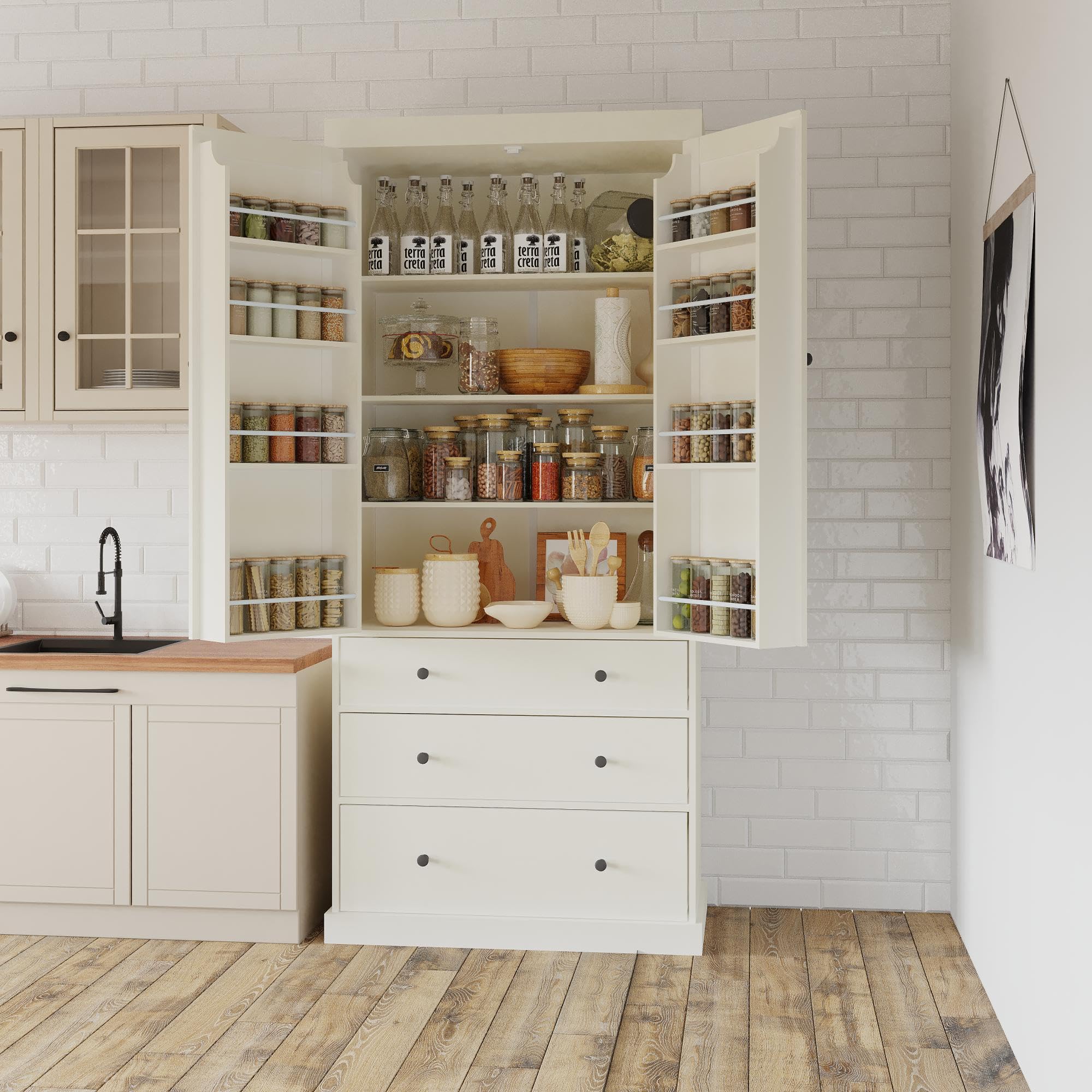 77inch Farmhouse Kitchen Pantry, Wood Storage Cabinet with 3 Adjustable Shelves, Freestanding Tall Cupboard Storage Cabinet with 8 Door Shelves and 3 Drawers for Kitchen, Dining Room (Cream-1)