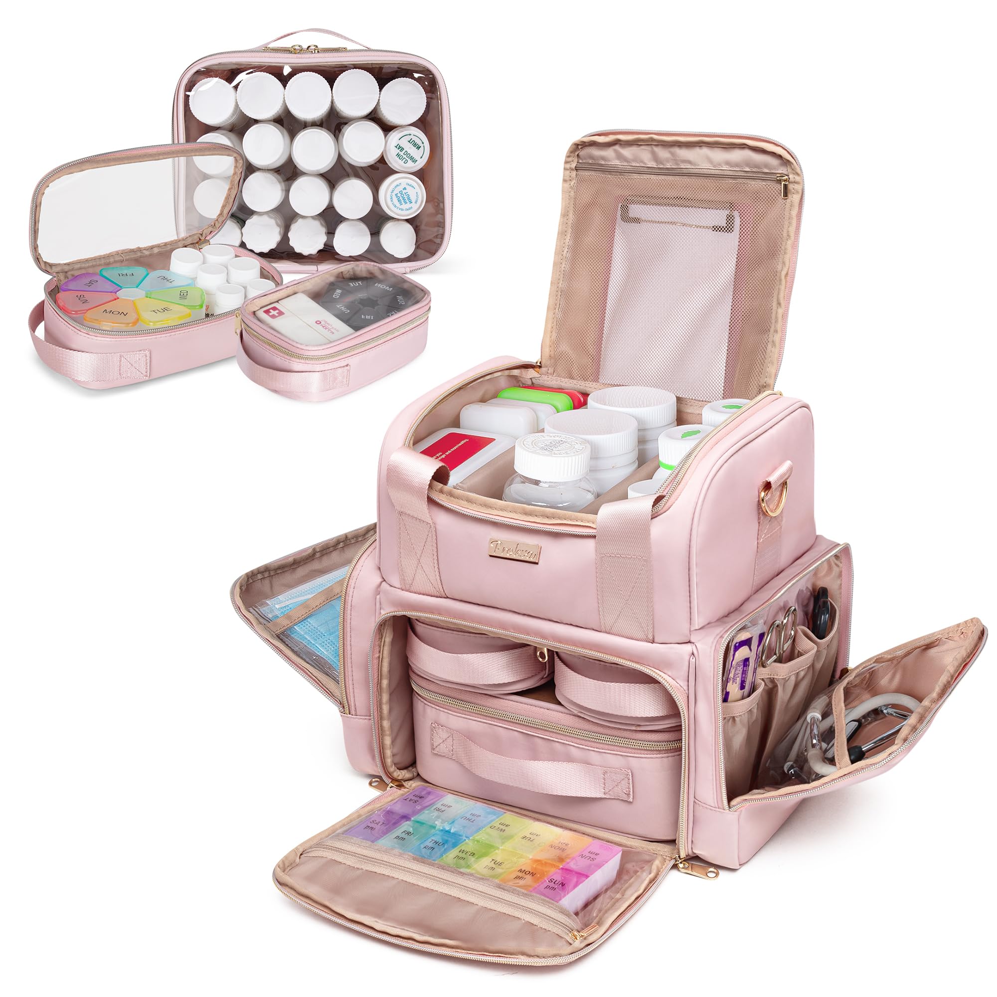 Large Medicine Organizer Bag Pill Bottle Bag with 3 Portable Bags Double-Layer Medication Case for Travel First Aid