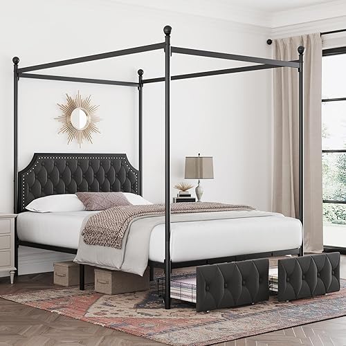 Miniatura 5 de Keyluv Base de cama con dosel tapizado completo con 2 cajones y cabecero copetudo con botones, plataforma de metal con 4 postes extraíbles, cama de