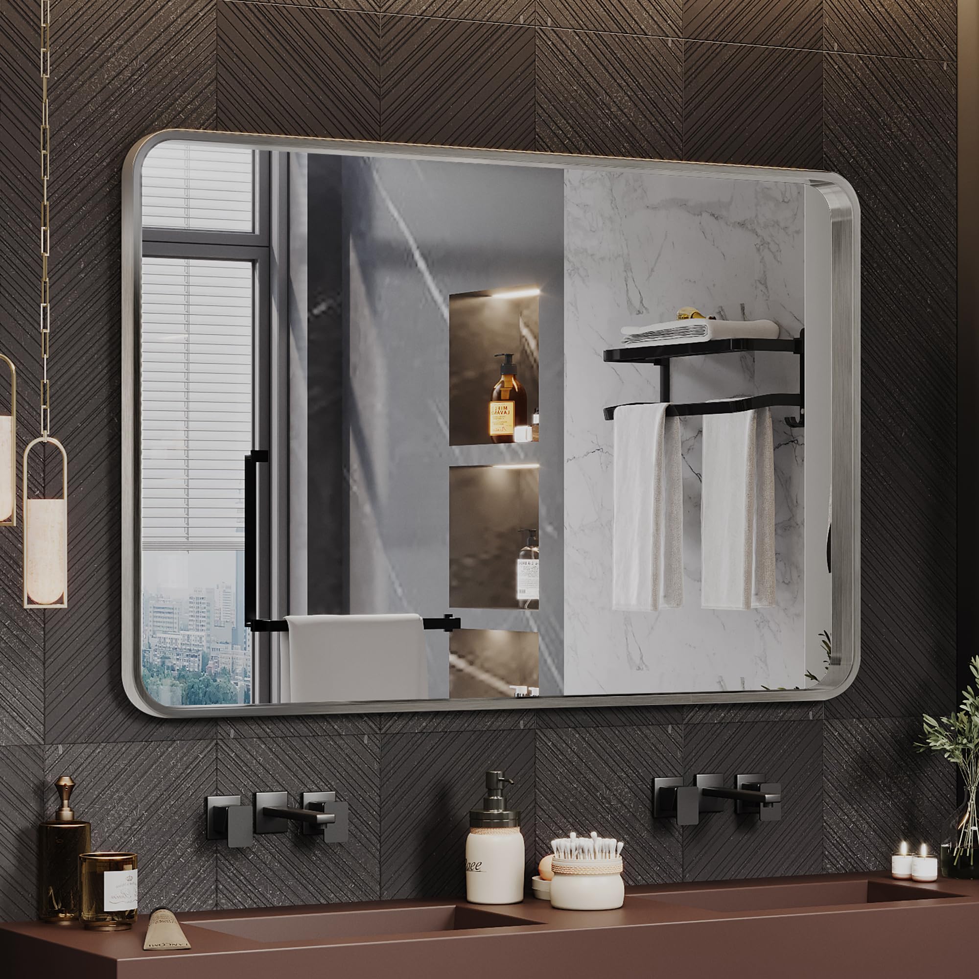 48x32 Silver Bathroom Mirror, Wall Mounted Bathroom Vanity Mirror, Rectangluar Metal Framed Mirror