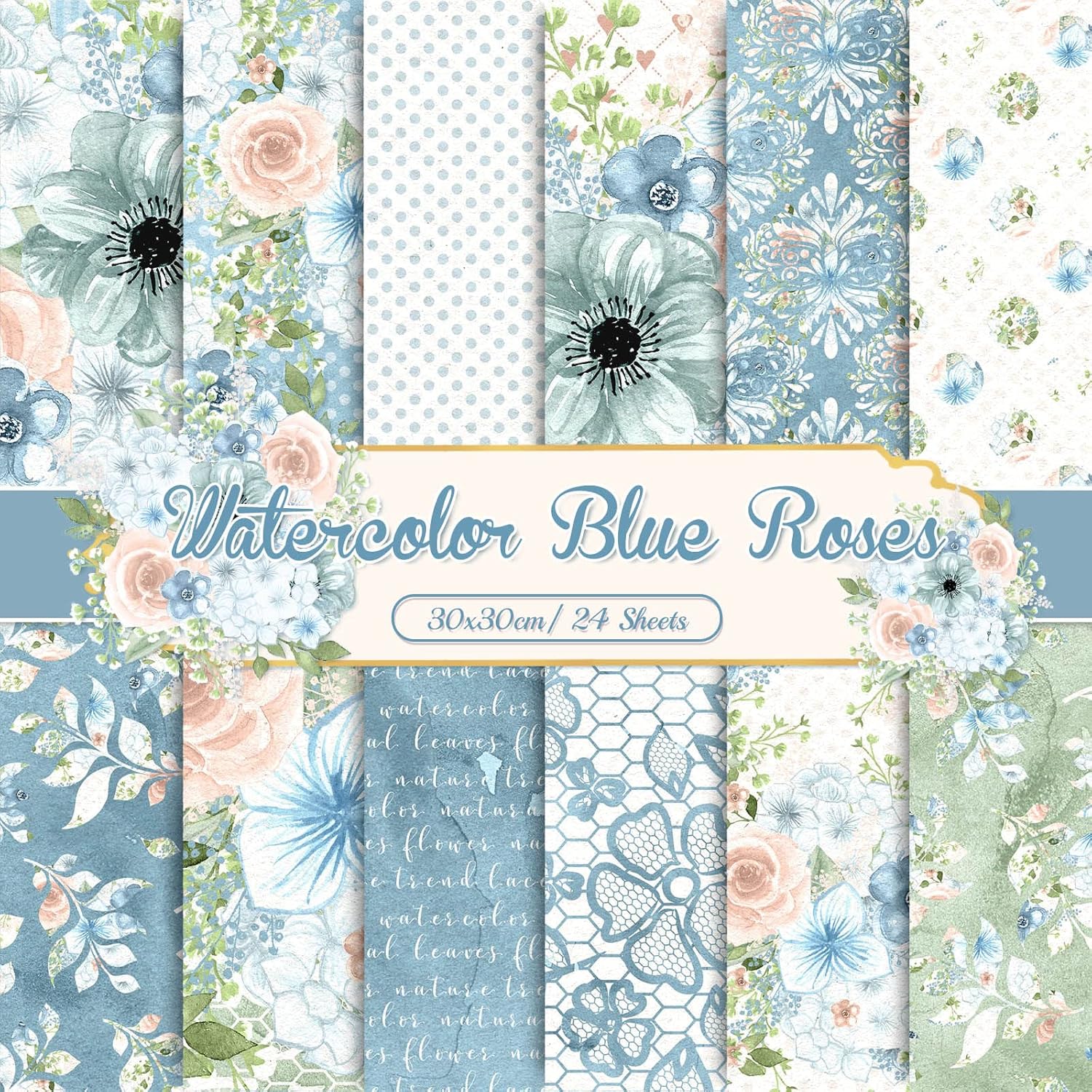 Whaline 24Pcs Blue Floral Pattern Paper Watercolor Flower Double-Sided Scrapbook Paper Blue Craft Papers for DIY Decorative Background Card Making Photo Album Junk Journal Decor, 11.8 x 11.8 inch