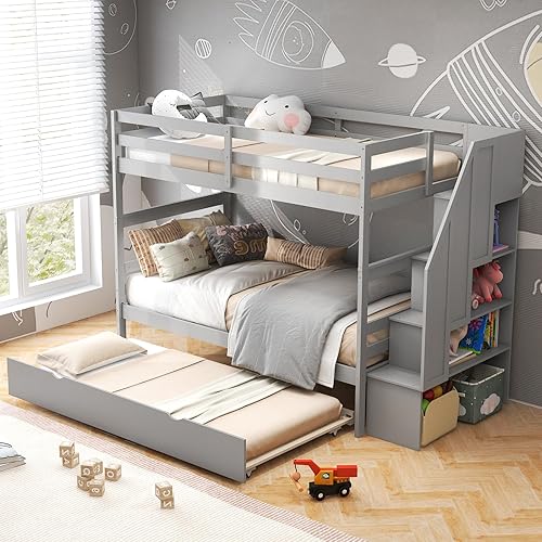 Giantex Twin Over Twin Bunk Bed with Trundle and Storage Stairs, Solid Wood Bunk Bed Convertible 3 Bed Frames for Bedroom Dorm, Versatile Bunk Beds for Kids Teens Adults, No Box Spring Needed, Grey