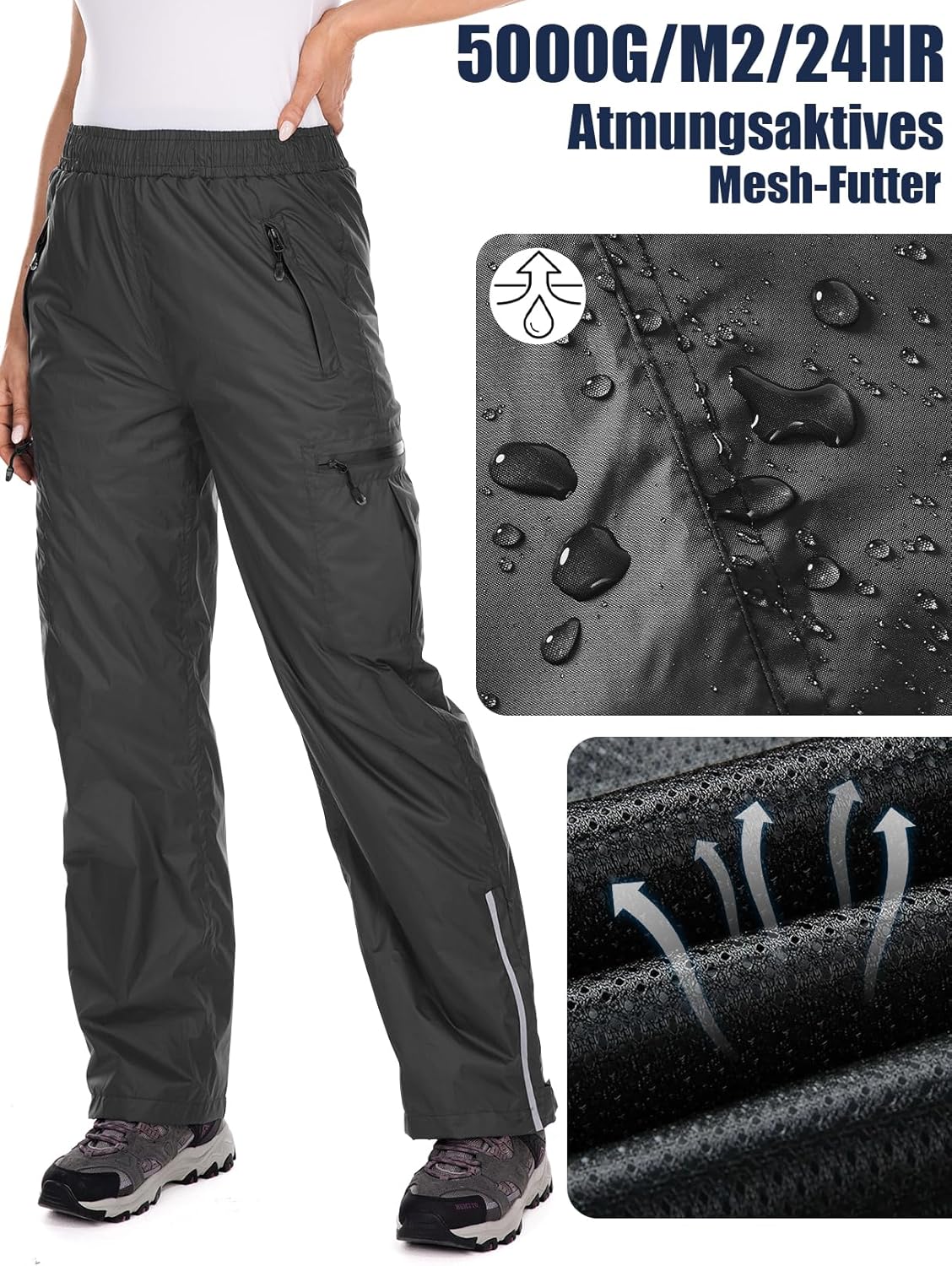 Women's Rain Pants Waterproof Hiking Pants Windproof Lightweight Over Pants Outdoor for Golf Fishing Cycling #2089-Black-L - Image 9
