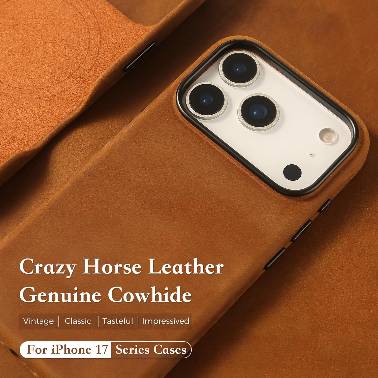 InUnion Compatible with iPhone 17 Pro Leather Case Crazy Horse Leather Case Compatible with MagSafe, Vintage Full Grain Cowhide, Slim Protective Cover with Microfiber Lining – 6.3 inch Brown