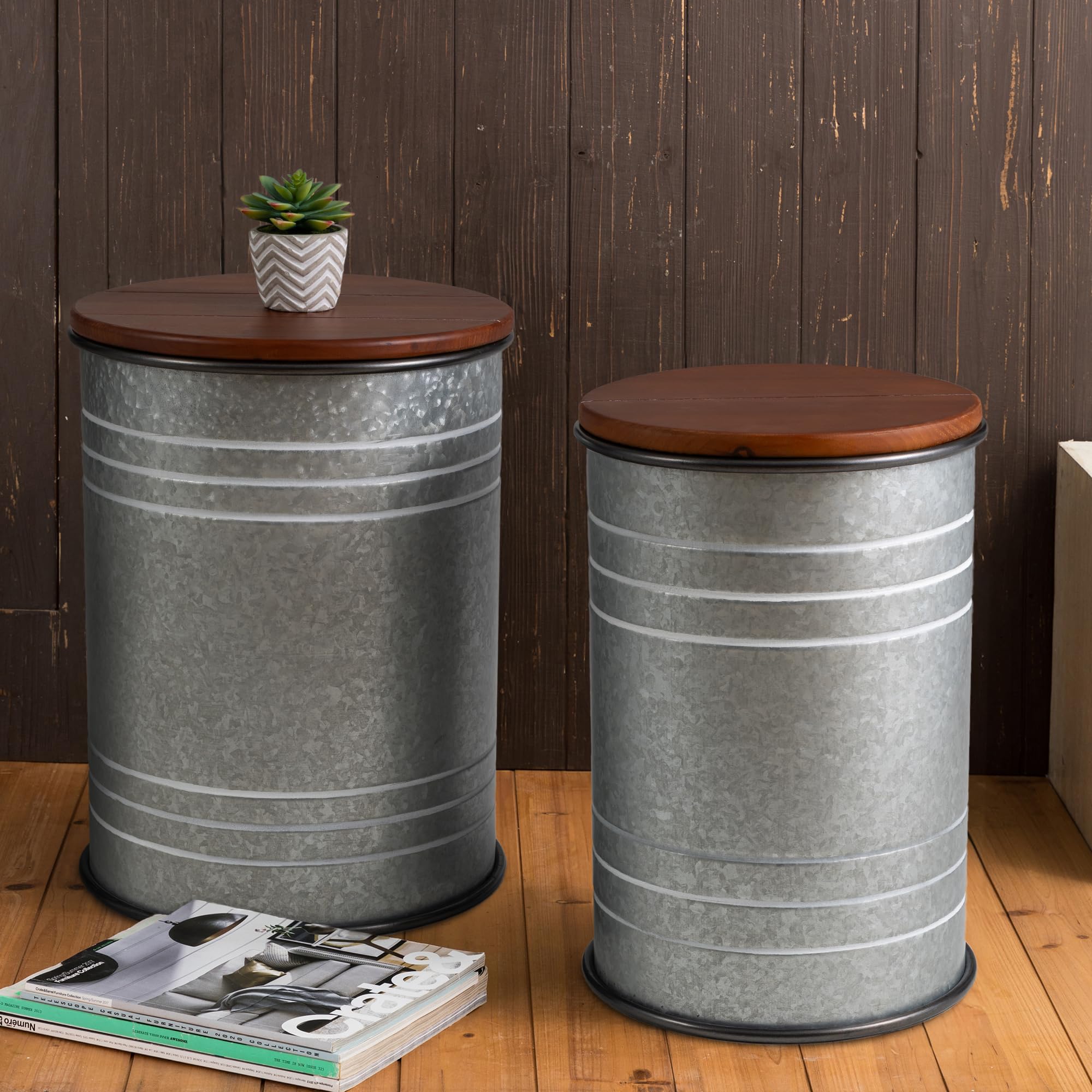 Glitzhome Farmhouse Accent Side Table, Metal Storage Stool Ottoman with Round Lid - Galvanized Coffee Cocktail End Tables Set of 2 for Living Room Bedroom, Grey