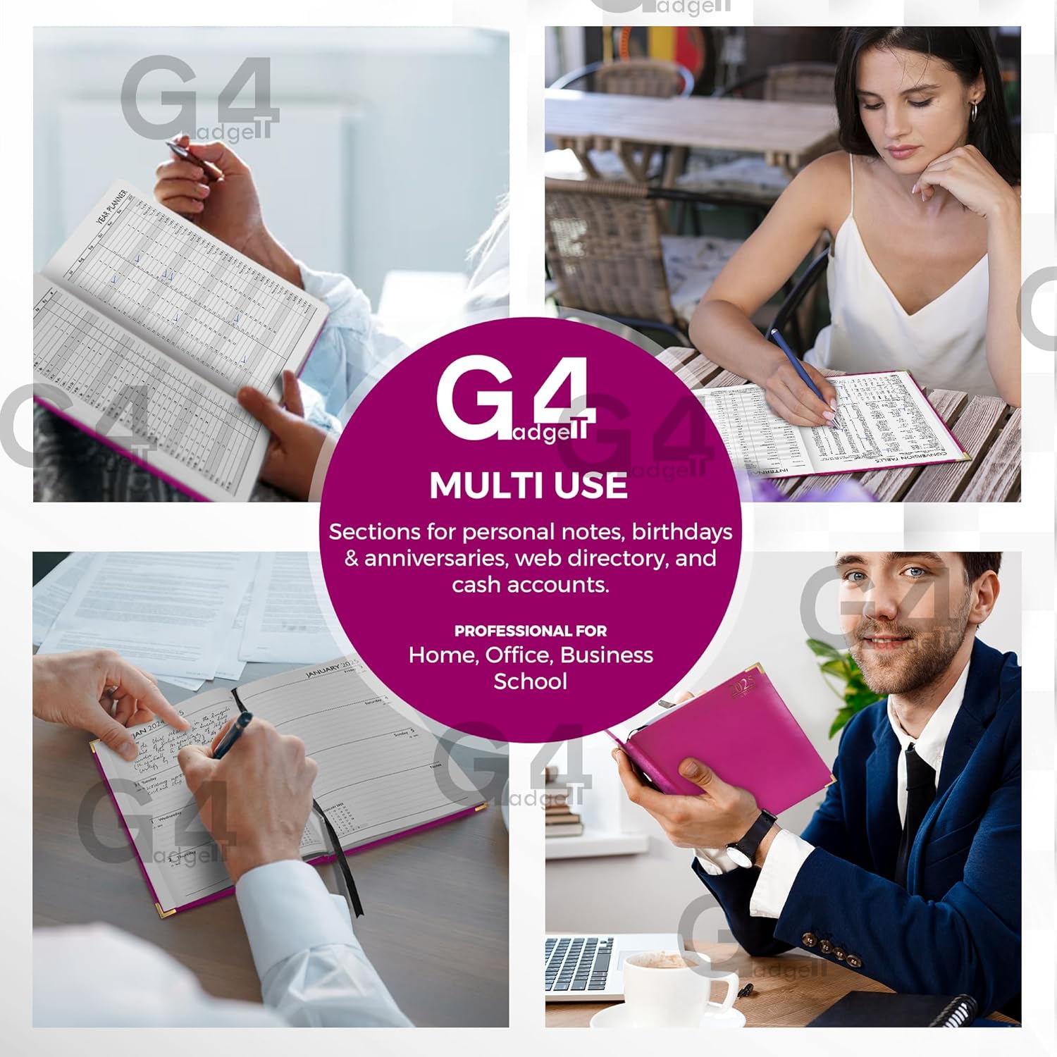 G4GADGET G4 2025 Purple A4 Week to View Diary Hardback Cover 80GSM Paper for Business Office & Home