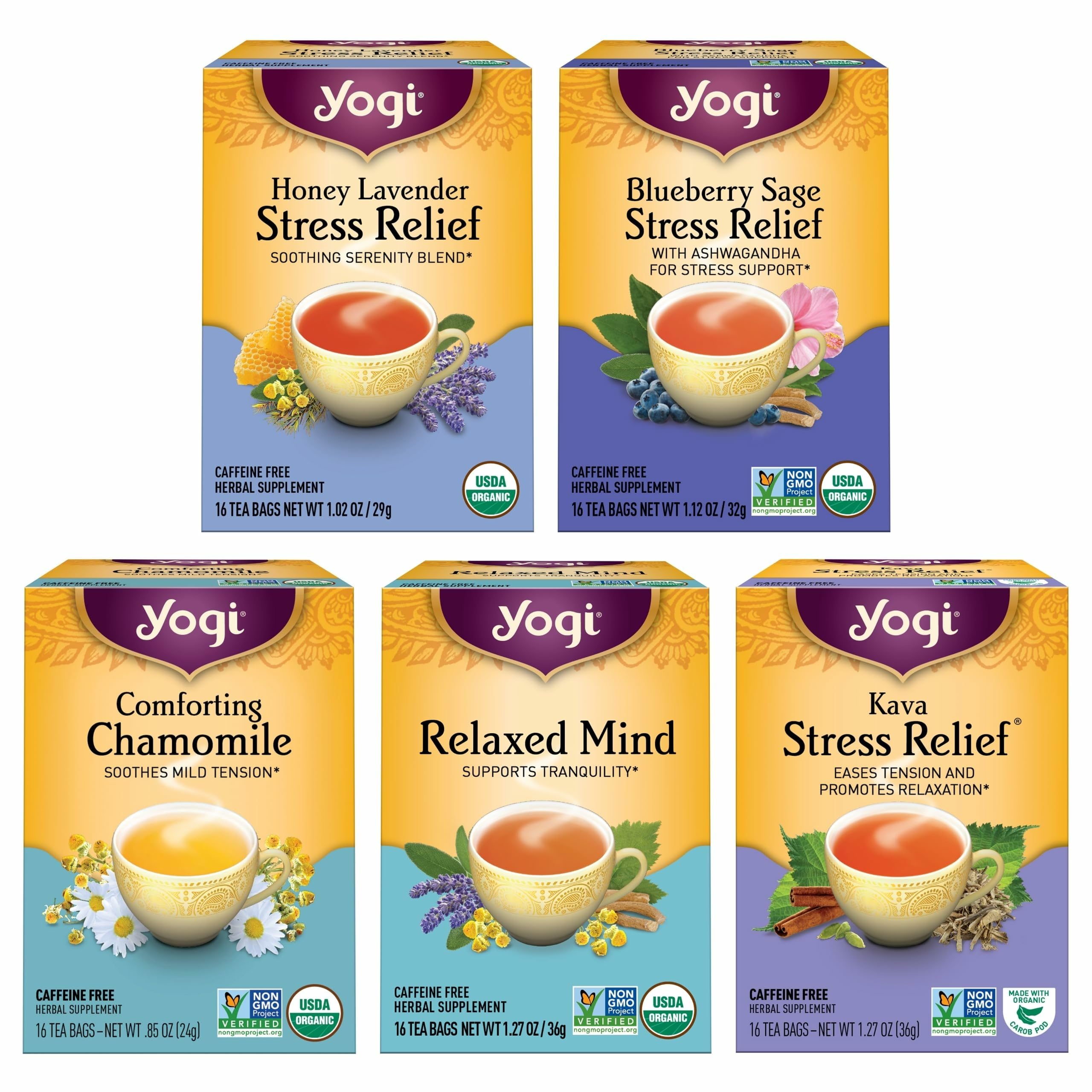 Tea Stress Relief & Relaxation Variety Sampler - 16 Bags per Pack (5 Packs) - Organic Relaxing Tea Sampler Set - Calming, Comforting Chamomile, Relaxed Mind & More