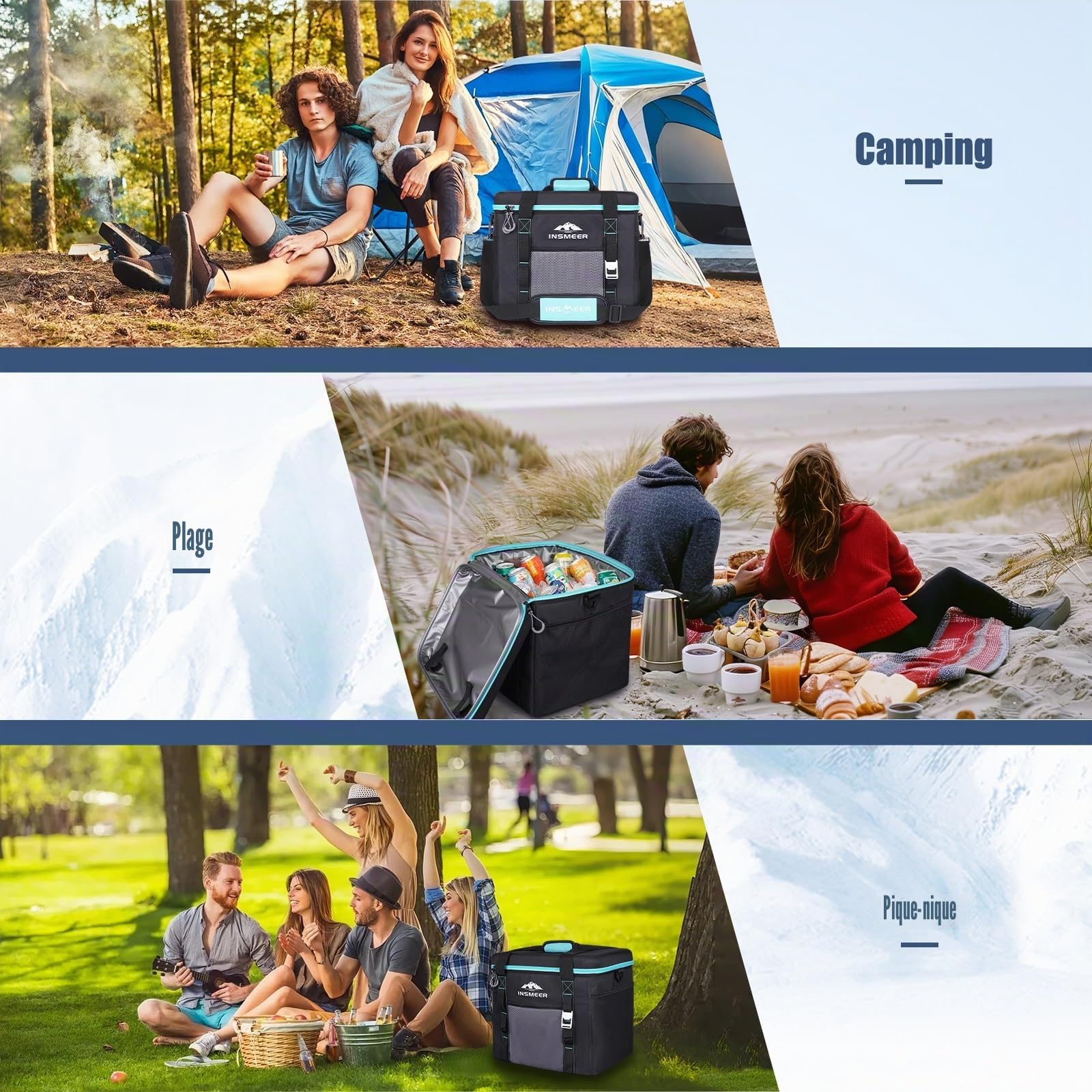 INSMEER Grand sac isotherme de 40 L, 60 canettes, pliable avec dessus rigide en EVA pour boissons, sac isotherme moyen, sac isotherme pour 4 camping, plage, voyage