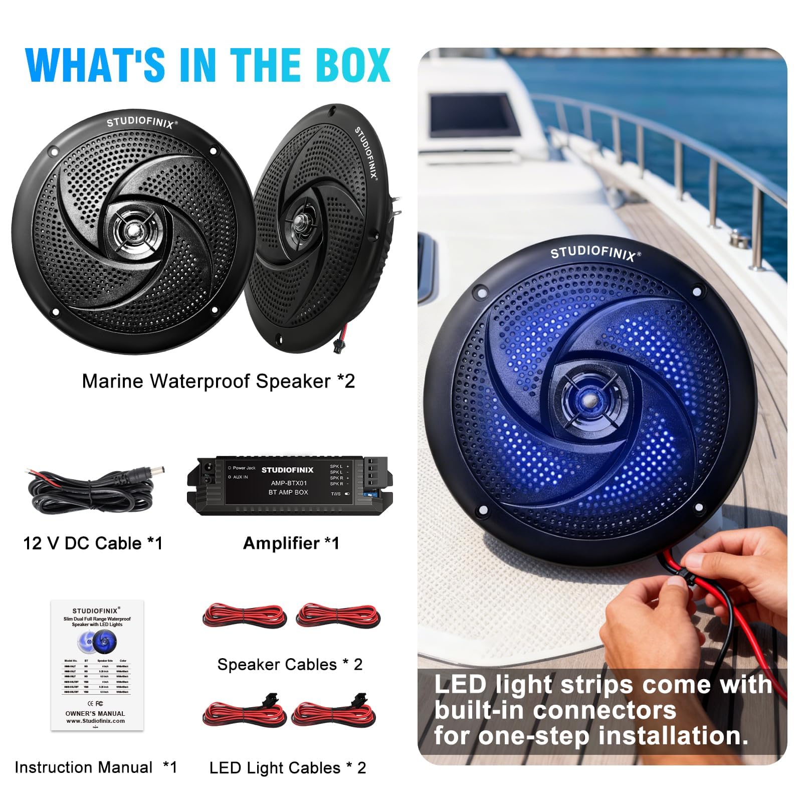 STUDIOFINIX 6,5" 240W Bluetooth wasserdichte Marine-Lautsprecher, 2-Wege wetterfest mit LED-Leuchten, schlank flach, für Boot, Wohnmobil, ATV, UTV, Golfcart (1 Paar, Schwarz)