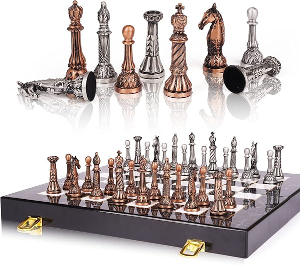 Retro Metal Chess Set for Adults and Kids – Marbling Chess Board with Chess Pieces – Travel Chess Set with Metal Pie