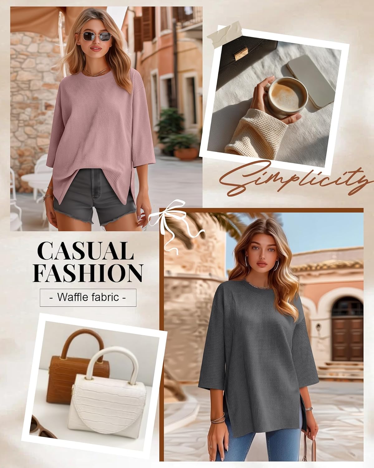 3 Pack Women's 3/4 Sleeve Waffle Knit Tops Oversized Crewneck T-Shirts Loose Casual Blouses Side Split Tees - Image 2