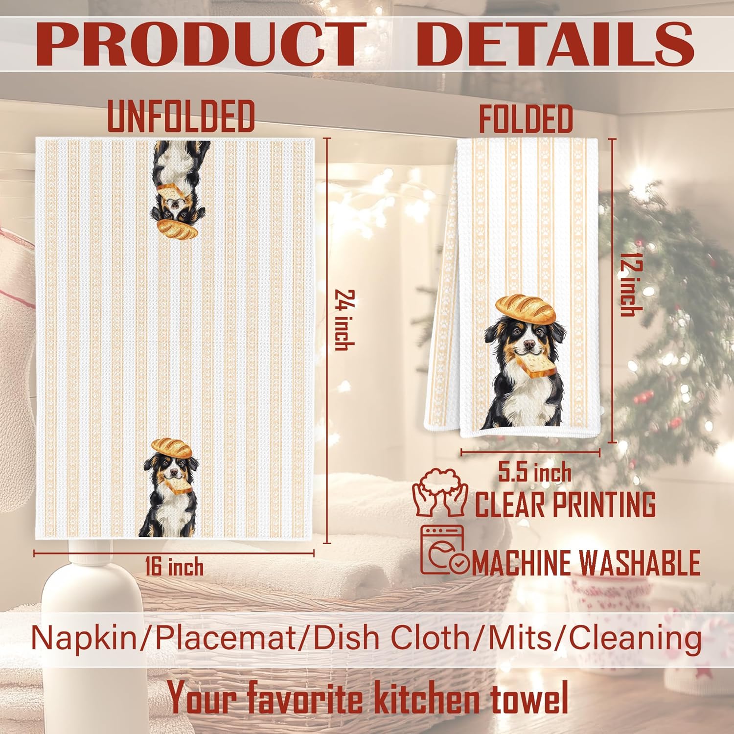 Bernese Mountain Dog Kitchen Towels, Bernese Mountain Dog Gifts Dish Tea Towels, Bread Baker Gifts, Cute Baking Chef Puppy Decorative Hand Towel for Kitchen Bakery, 16x24 Inch - Image 7
