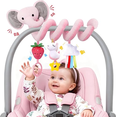 Miniatura 10 de Stuffed Asiento de coche en espiral para bebés de 6 a 12 meses, juguetes sensoriales de jirafa infantil, accesorios de cochecito colgante, regalos
