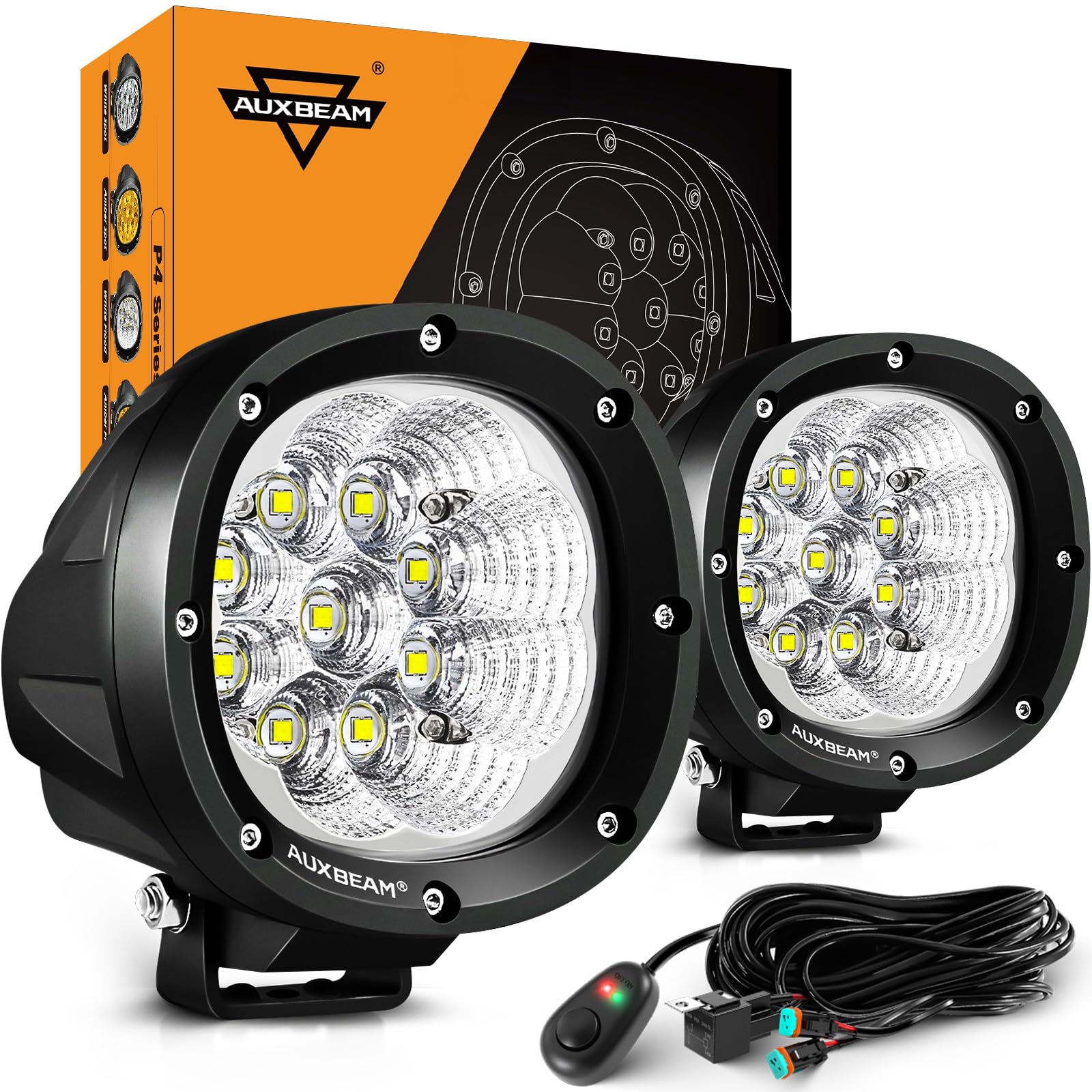 Auxbeam P4 Series Flood Beam LED Pods 4 Inch 90W Round Offroad Fog Lights Driving Flood Light Bar Bumper A-Pillar Hood Mount for Trucks ATV UTV Motorcycle Jeep