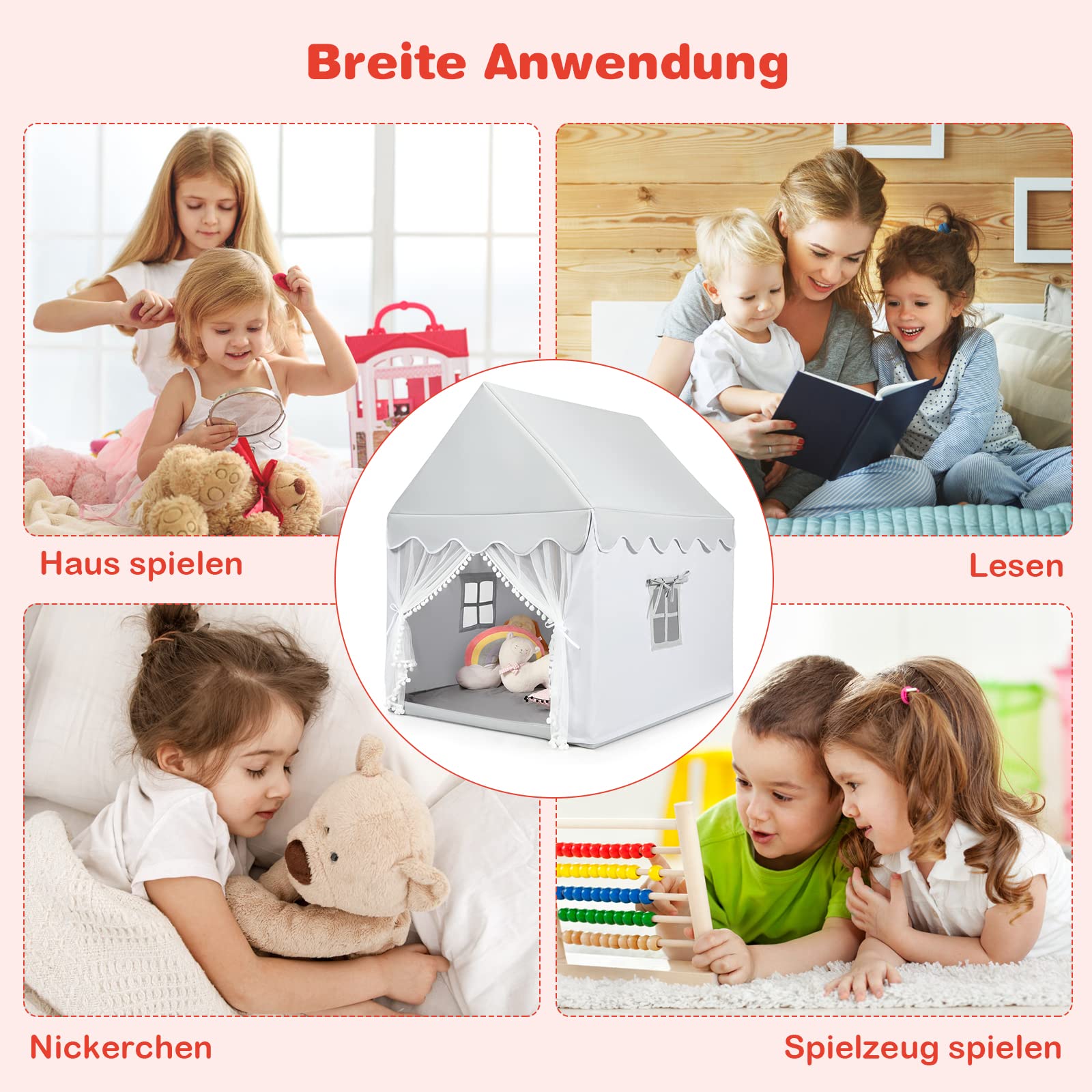 COSTWAY Kinderzelt Indoor, Kinderspielhaus für Jungen Mädchen Prinzess Prinzessin, Kinderspielzelt mit Massivholzrahmen & Baumwolldecke, Kinder Spielhaus für Drinnen, 120x105x140cm (Grau)