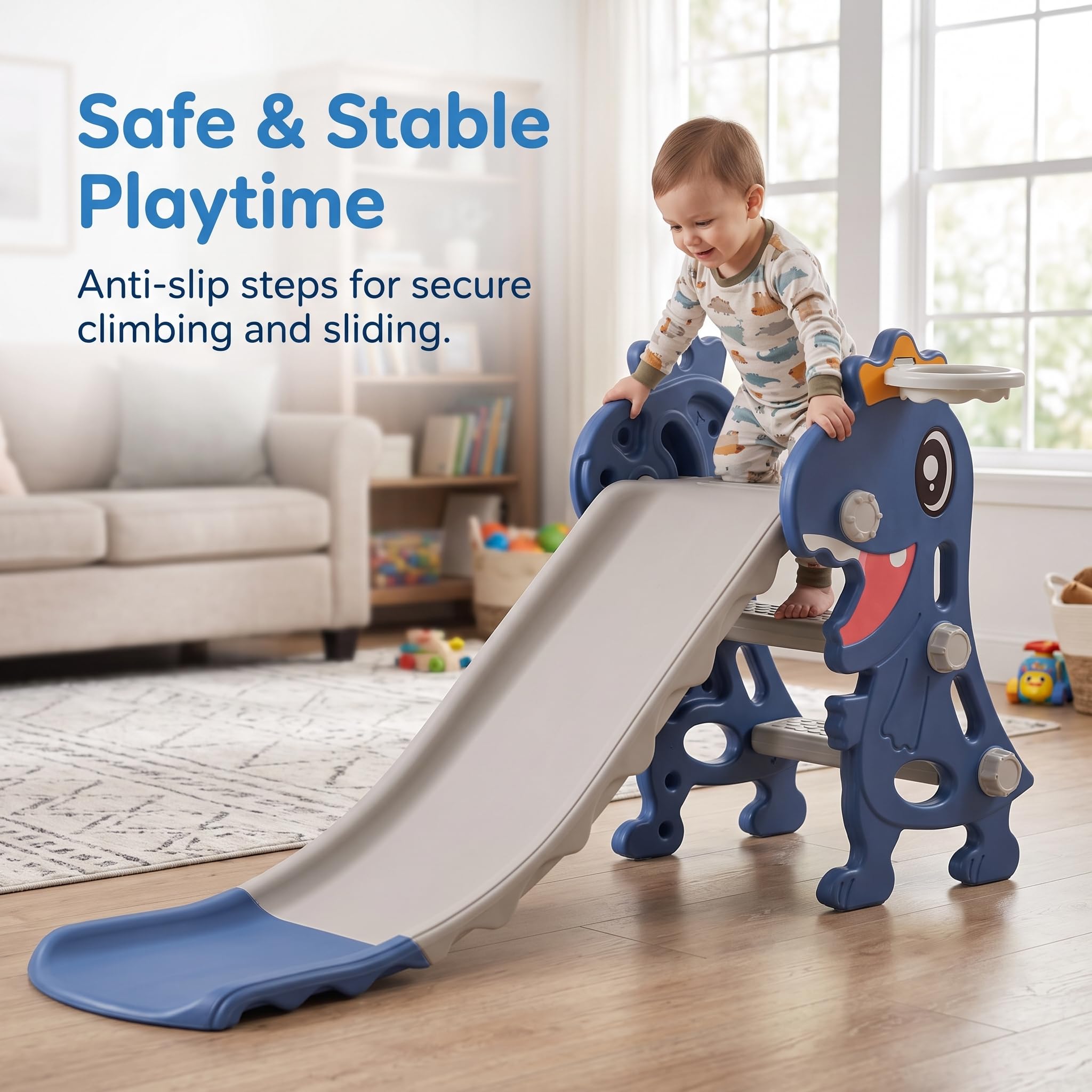 Scivolo per Bambini Pieghevole con da Basket e Palla - Scivolo Dinosauro in Plastica per Bambini 3-6 Anni, Rosa
