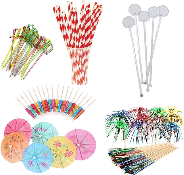 99 Piece Cocktail Party Decoration Drinks Accessory Pack with Umbrellas, Sparkle Sticks, Stirrers and Biodegradable Straws NYE