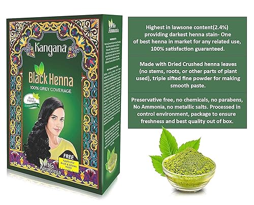 Miniatura 4 de Kangana Polvo de henna negra natural para una cobertura del 100 % de las canas, polvo de henna negra natural para teñir el cabello, color natural
