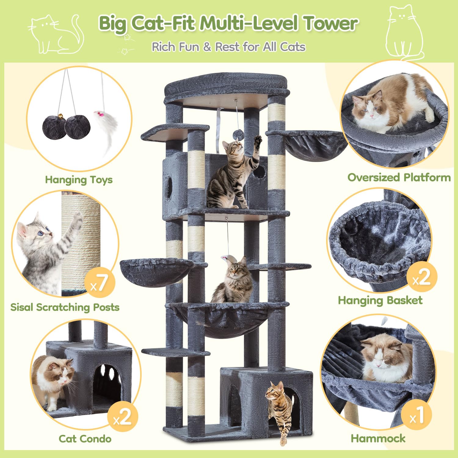 Taoqimiao 72 Inch Cat Tree, XXL Cat Tower for Indoor Cats Large Adult 25Lbs+, Extra-Large Platform, 2 Cat Houses, 7 Scratching Post, Extra-Sized Durable Hammock, Cozy Basket, Smoky Gray, F20G: Smoke Gray